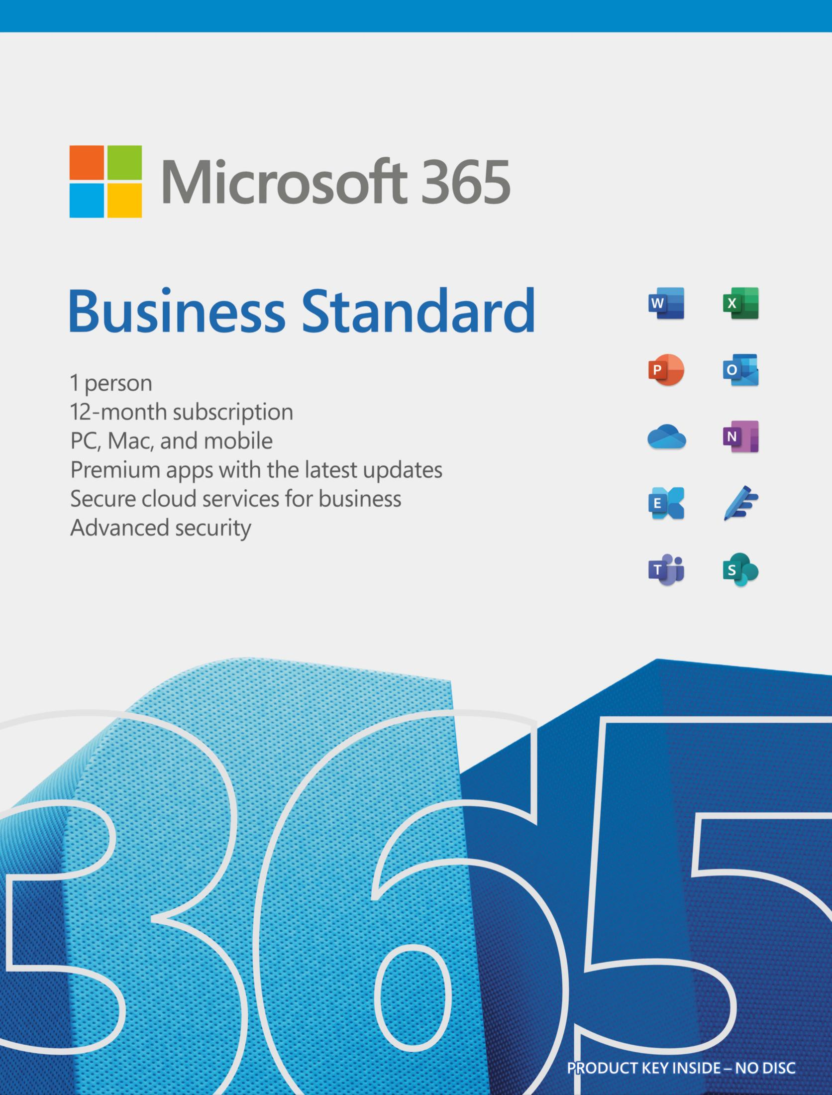 Microsoft 365 Business Standard: 1 persona, abbonamento 12 mesi, PC/Mac/mobile, app.