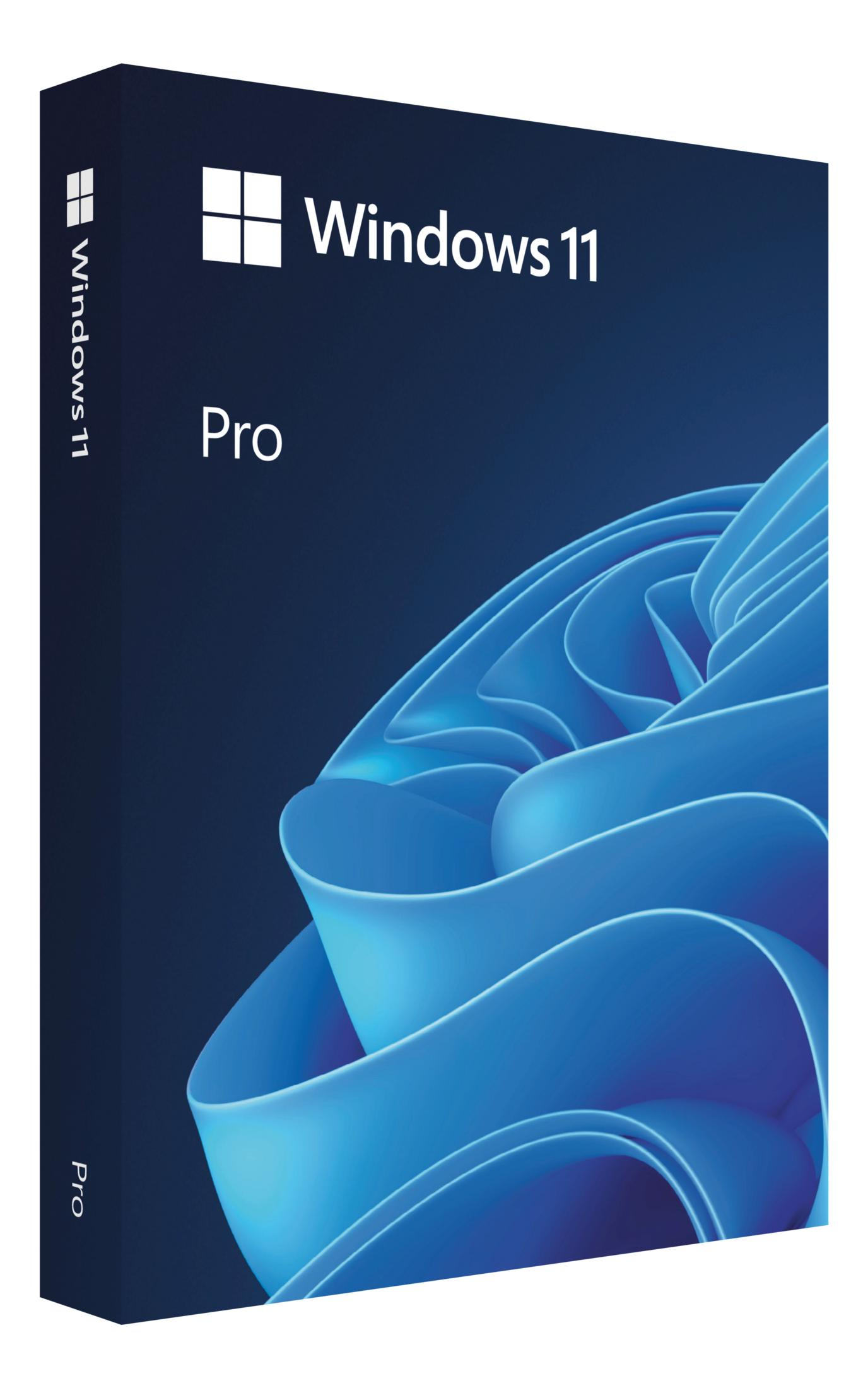 Verpackung von Windows 11 Pro mit blauem Wellenmuster