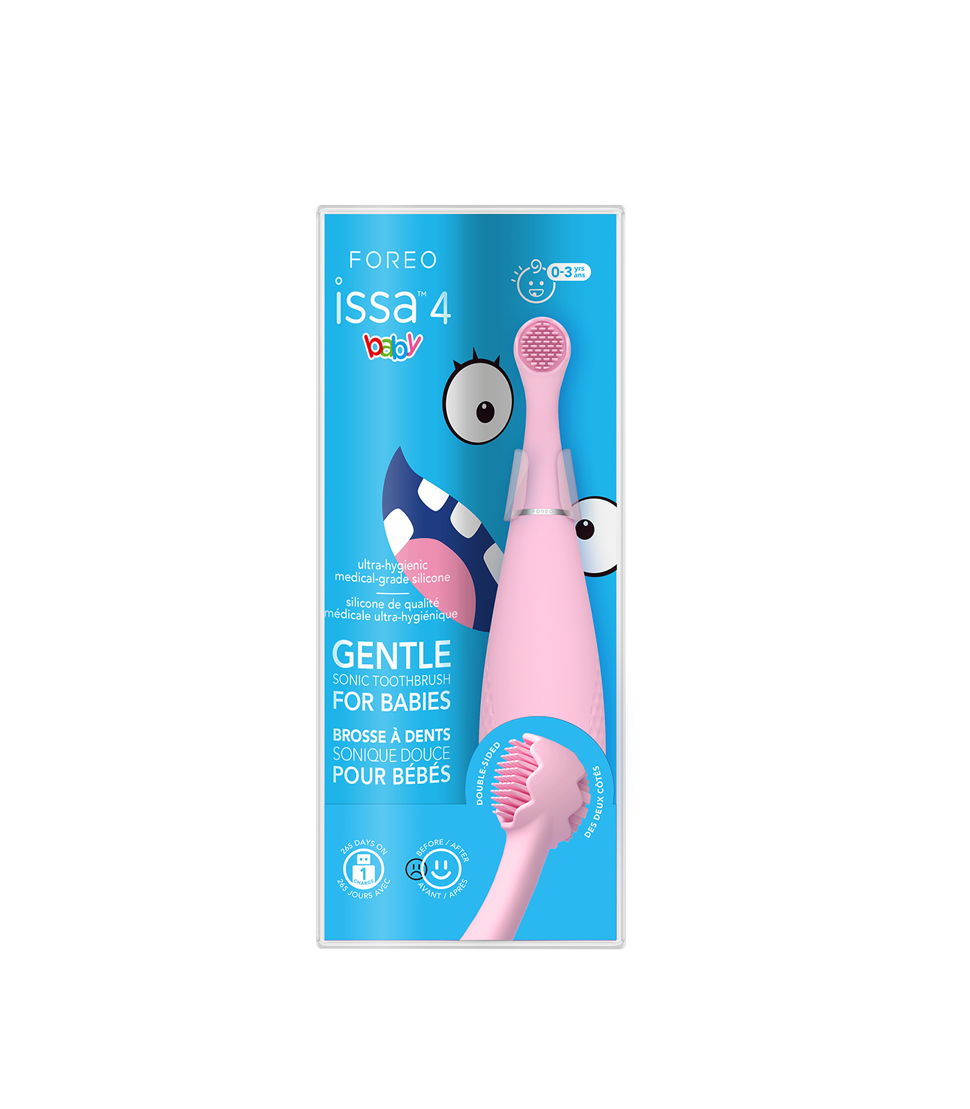 Confezione spazzolino sonico FOREO ISSA 4 baby rosa con design mostro.
