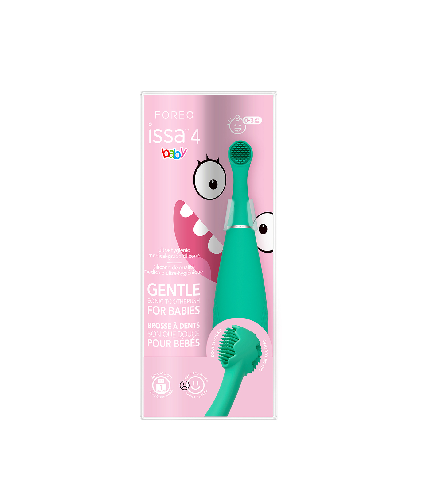 Uno spazzolino sonico Foreo Issa 4 per bambini in confezione verde acqua e rosa, con un viso di mostro a fumetti.