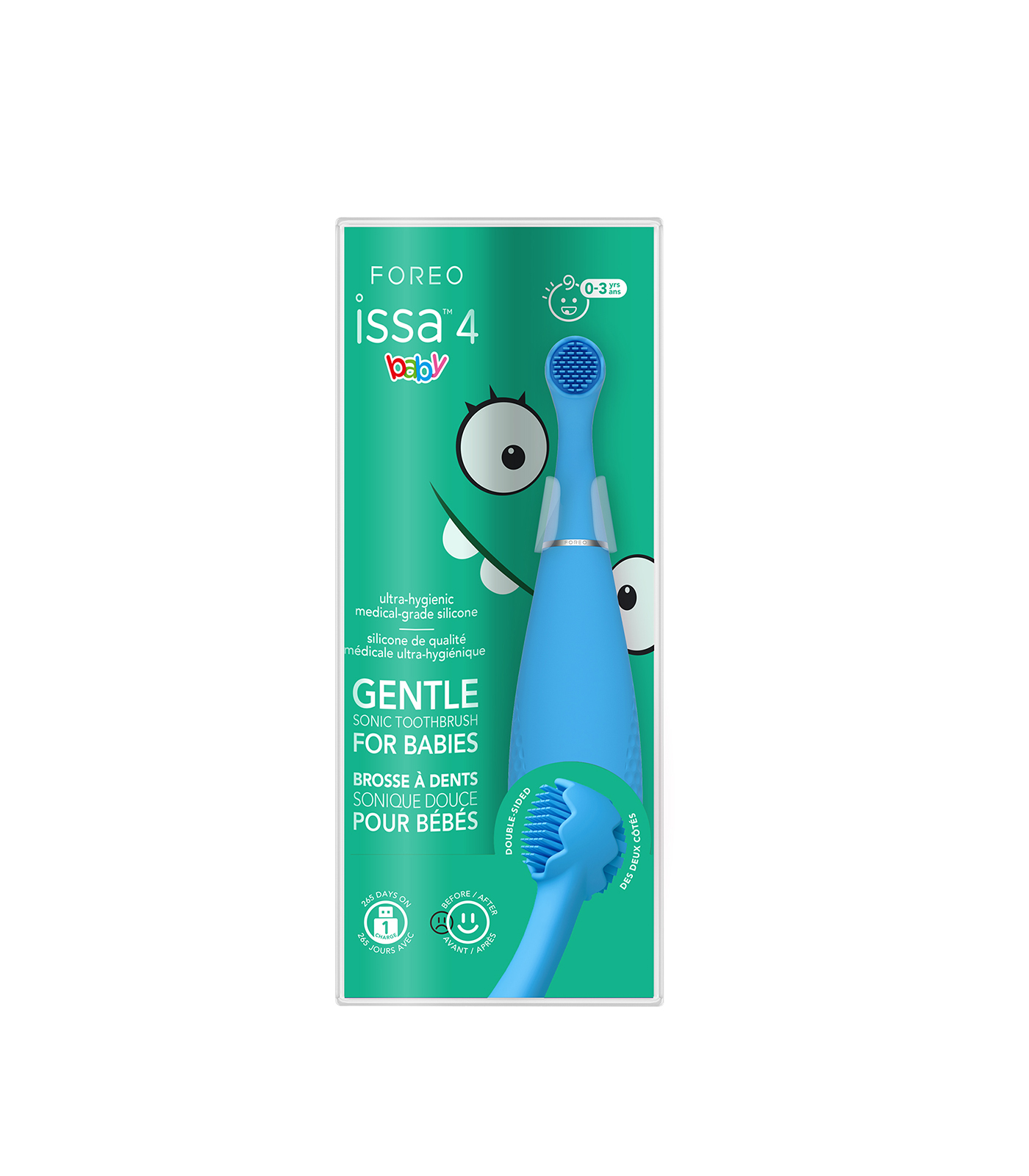 Uno spazzolino sonico blu Foreo Issa 4 Baby, nella sua confezione verde con occhi di mostro e testo, per bambini da 0-3 anni.
