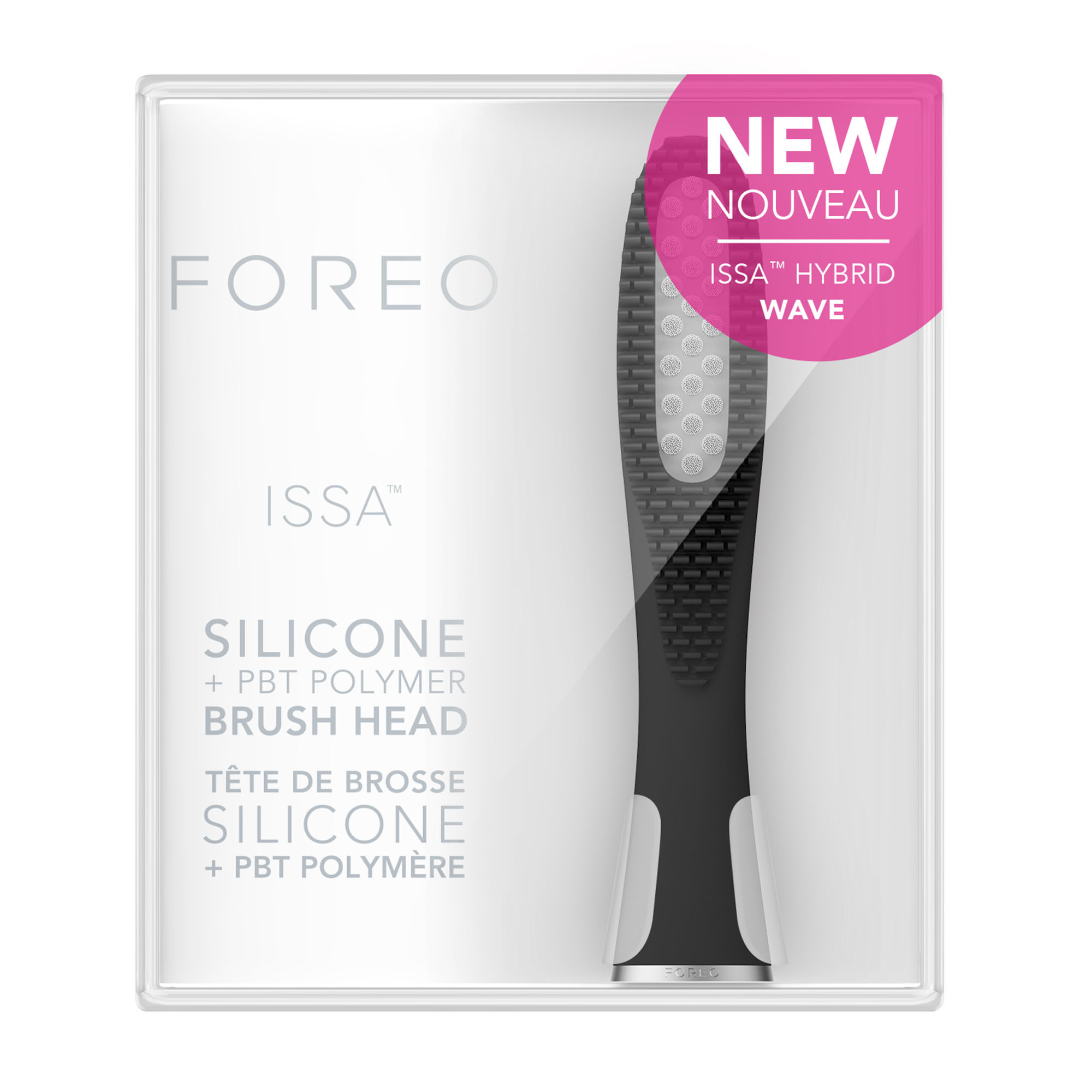 Un cabezal de cepillo Foreo ISSA Hybrid Wave en un paquete transparente, negro con cerdas blancas, etiquetado como "NEW" y "SILICONE + PBT POLYMER BRUSH HEAD".
