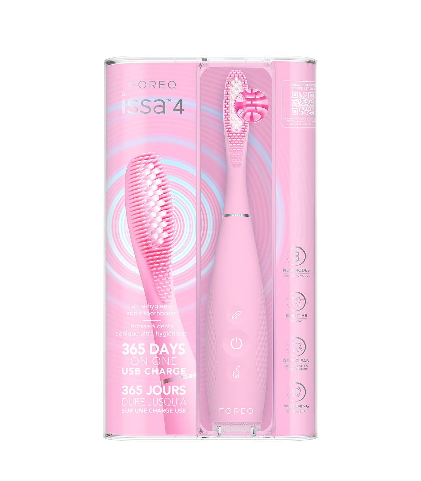Uno spazzolino elettrico rosa Foreo Issa 4 nella sua confezione.