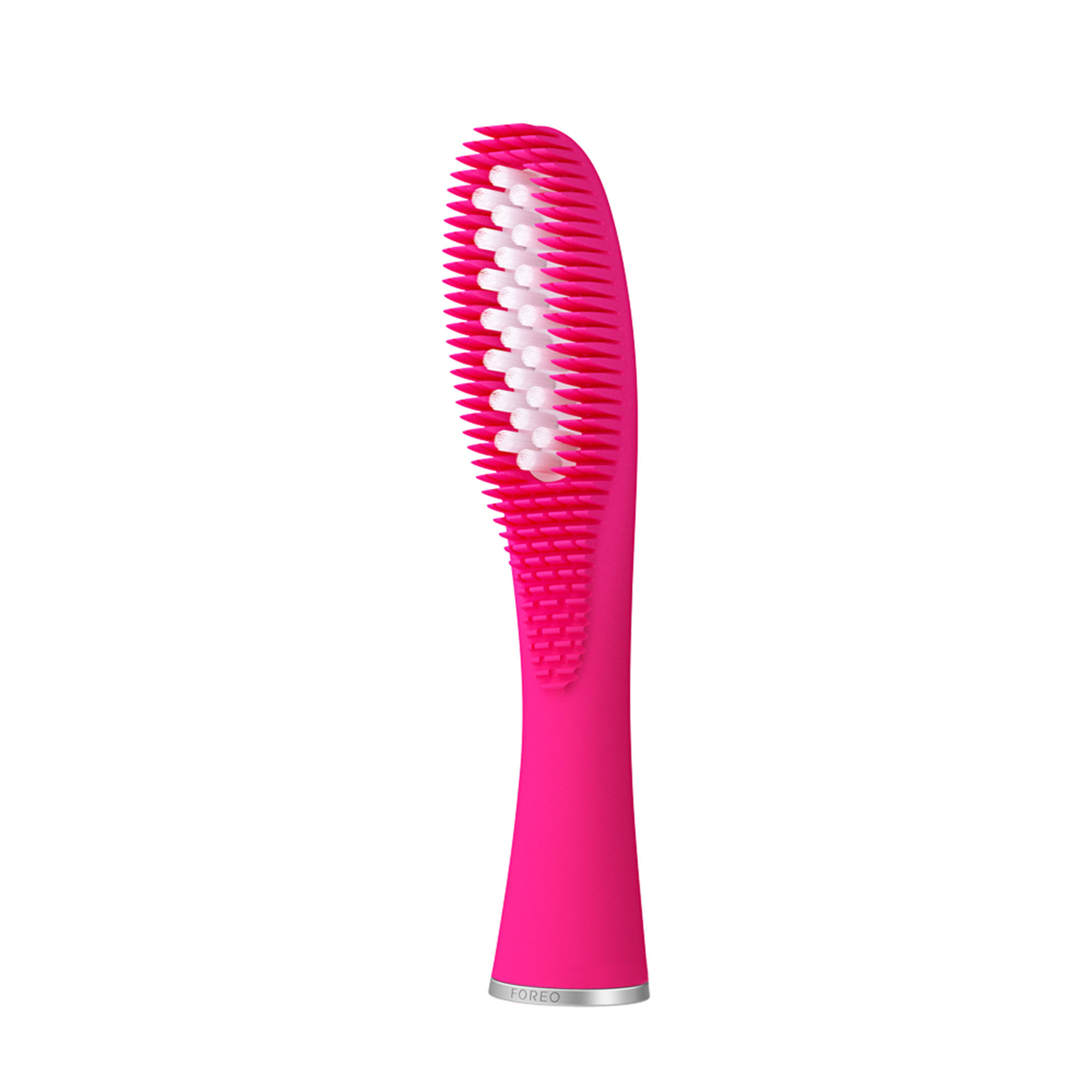 Un cabezal de cepillo de dientes eléctrico rosa vibrante con cerdas blancas sobre un fondo blanco.