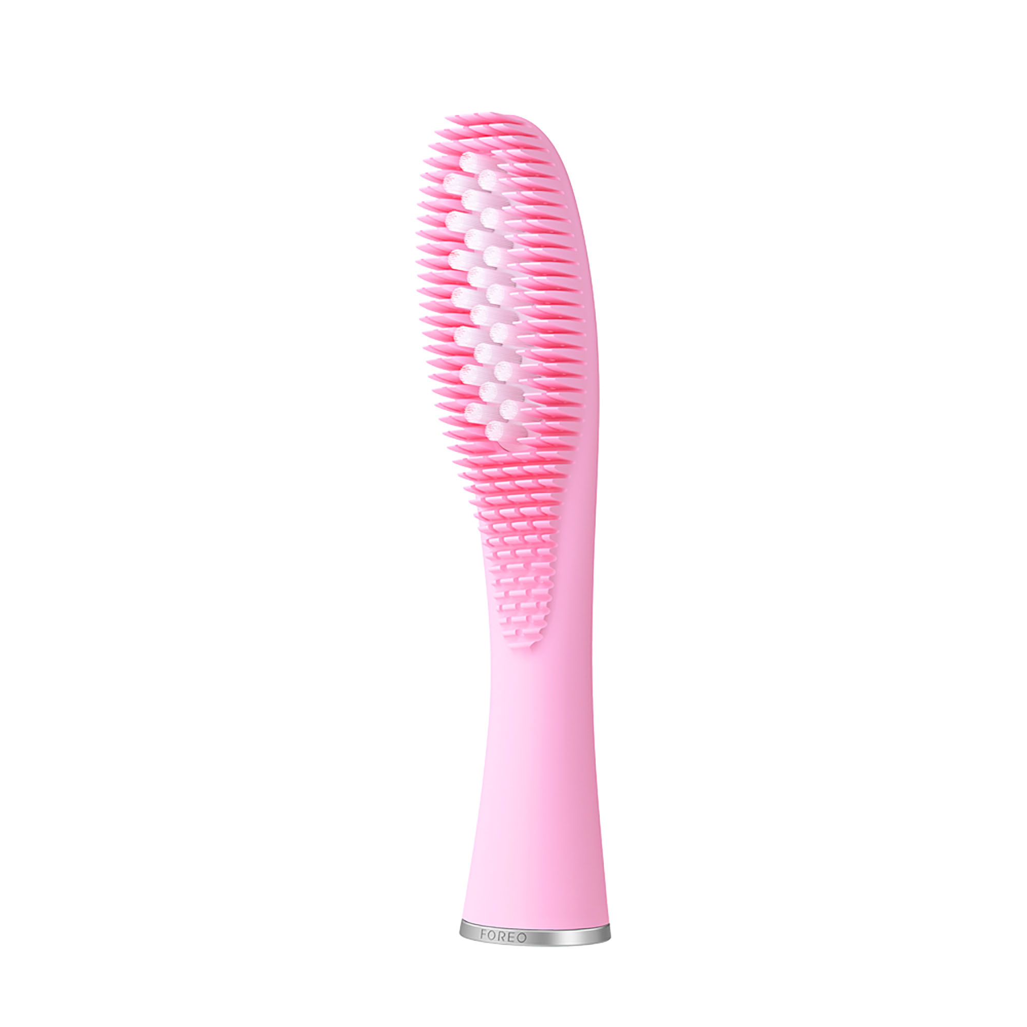 Un cabezal de cepillo de dientes eléctrico rosa con cerdas blancas, con una base plateada con la marca 'FOREO'.