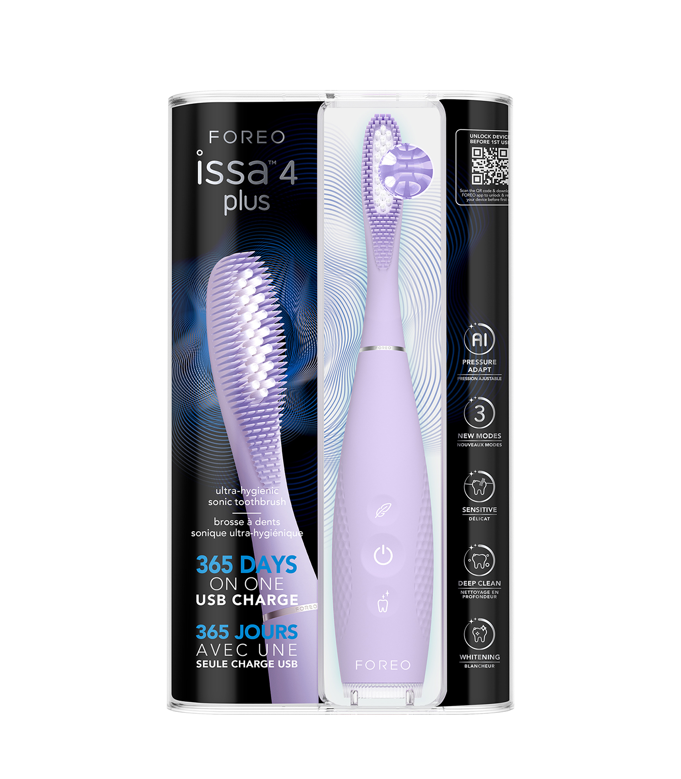 Uno spazzolino sonico Foreo ISSA 4 plus viola nella sua confezione di plastica trasparente, con descrizioni delle caratteristiche.