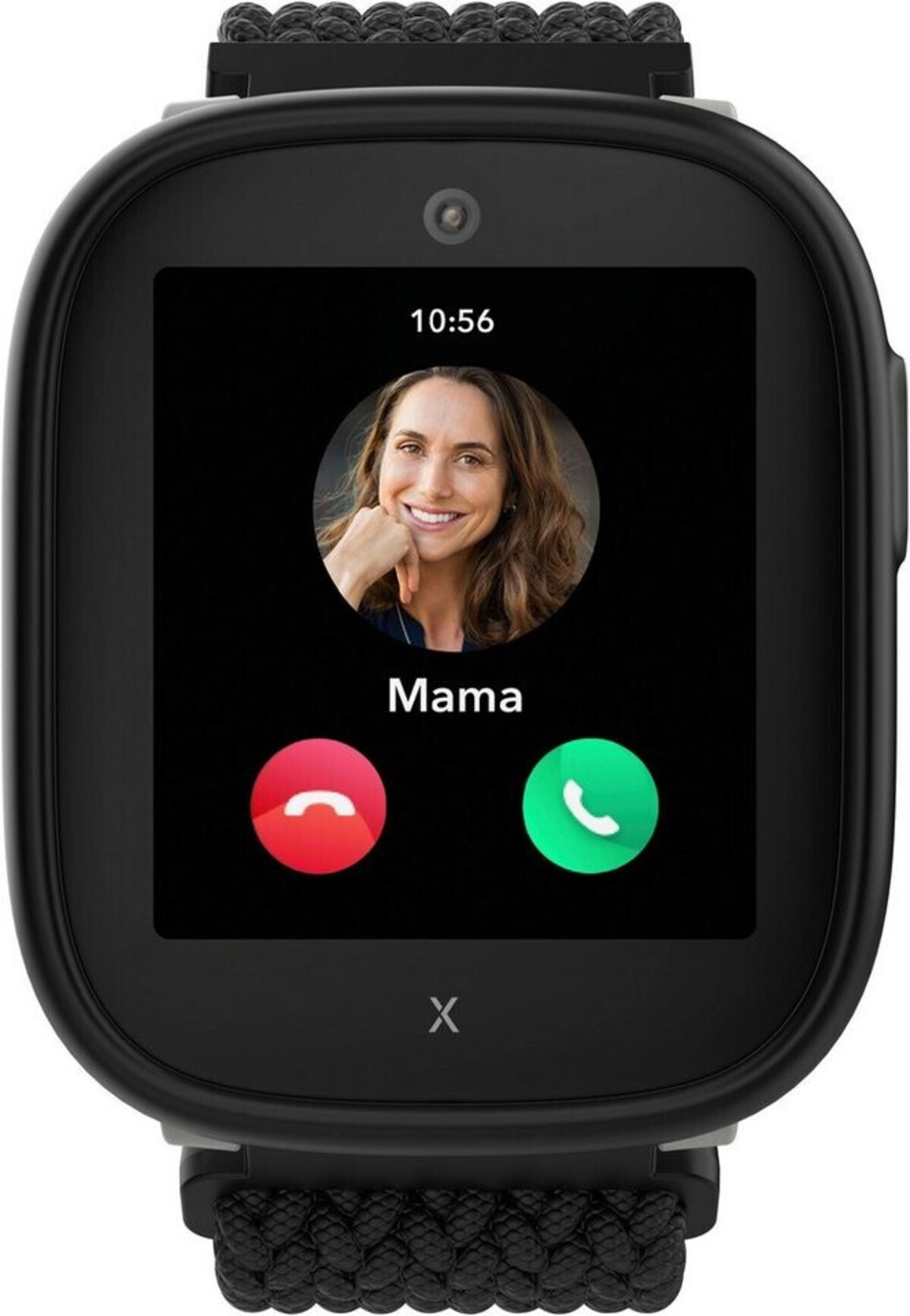 Smartwatch zeigt eingehenden Anruf von Mama mit Bild, Zeit 10:56 und Anrufoptionen.
