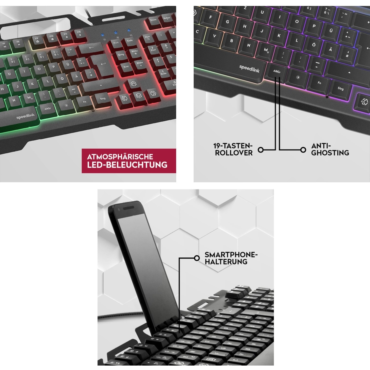 Tastatur mit RGB-Beleuchtung, Smartphonehalter und Text zu "19-Tasten-Rollover".