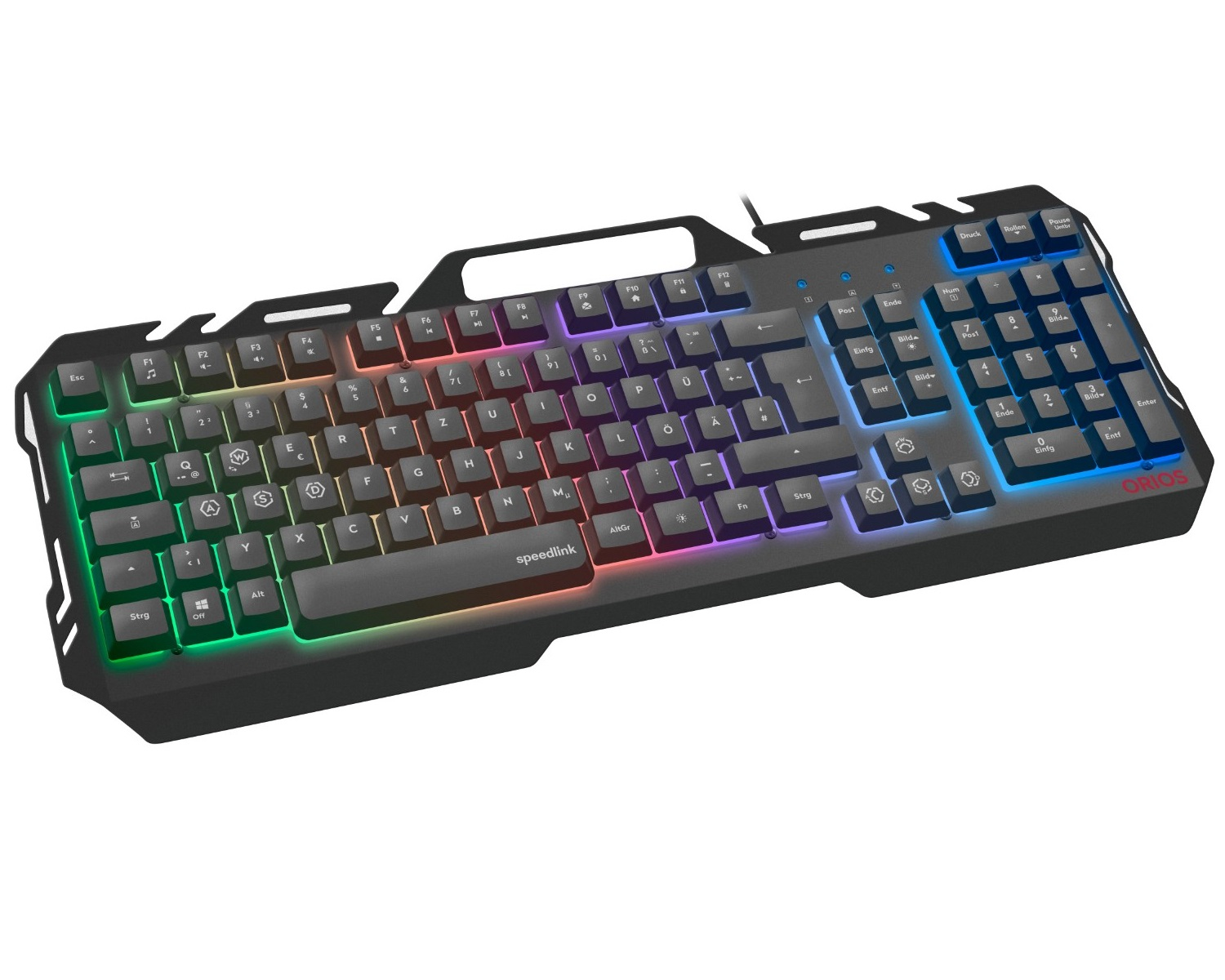 Eine schwarze Computertastatur mit regenbogenfarbener Hintergrundbeleuchtung der Tasten, mit deutschem Layout und Ziffernblock.
