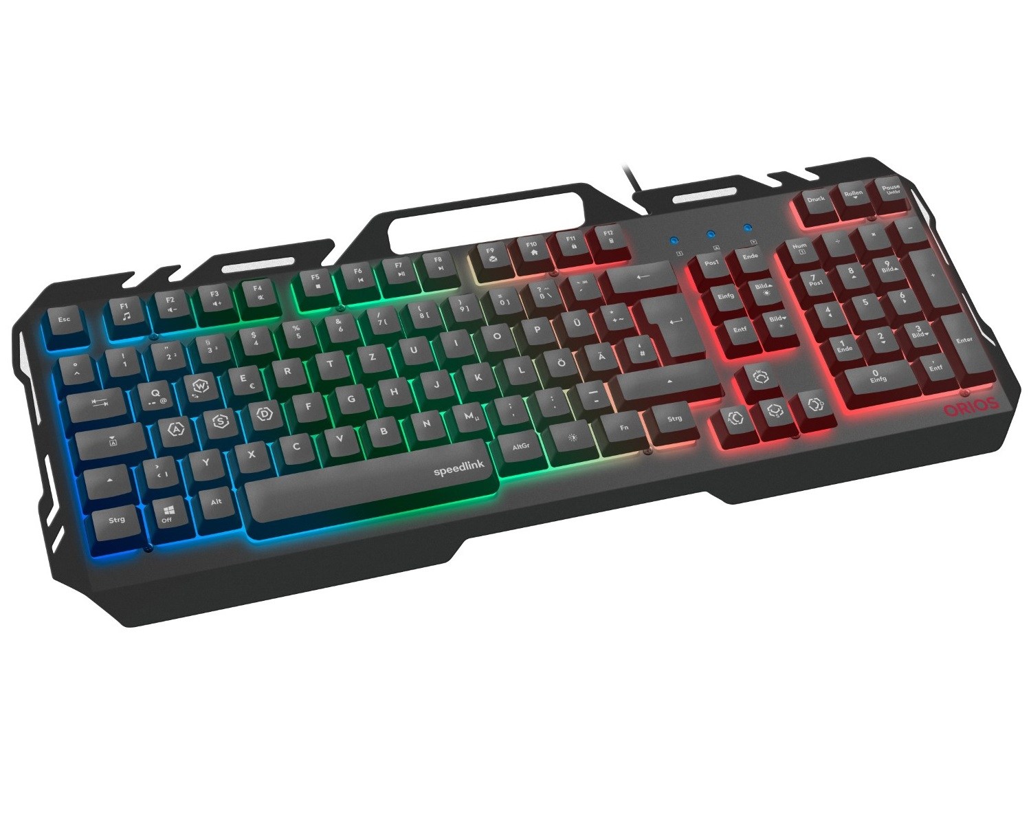 Schwarze Tastatur mit bunter RGB-Hintergrundbeleuchtung, auf weißem Hintergrund.