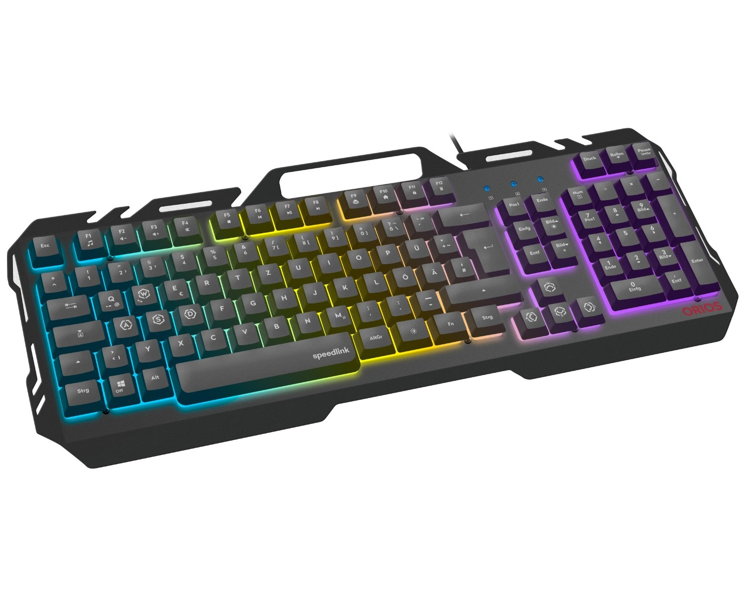 Schwarze Tastatur mit RGB-Beleuchtung und Nummernblock.