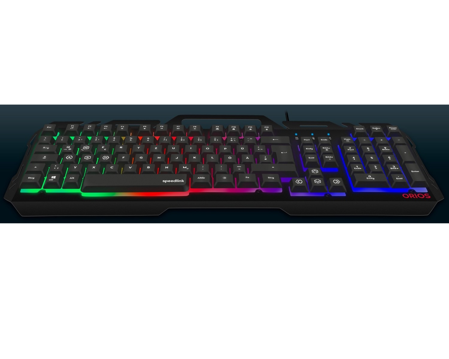 Schwarze Tastatur mit bunten LED-Akzenten und "Orios"-Logo.