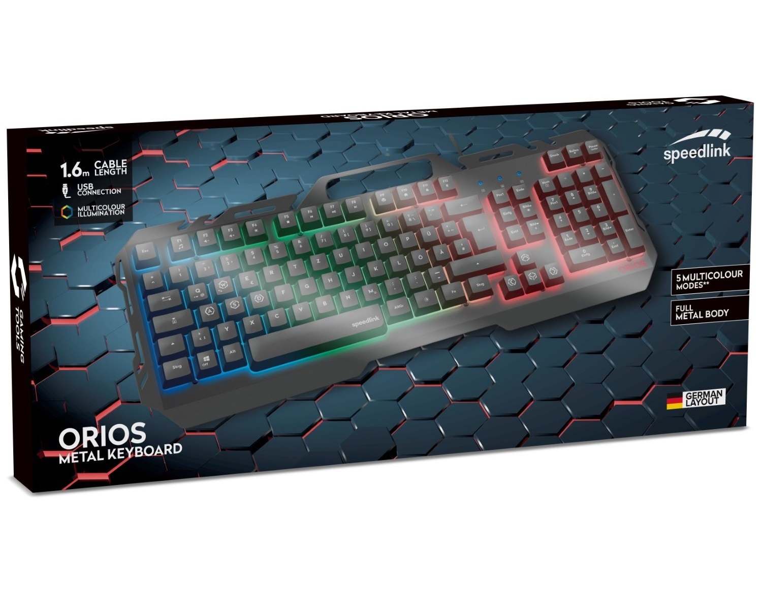 Ein Speedlink Orion Metal Keyboard mit bunter Beleuchtung und deutschem Layout.