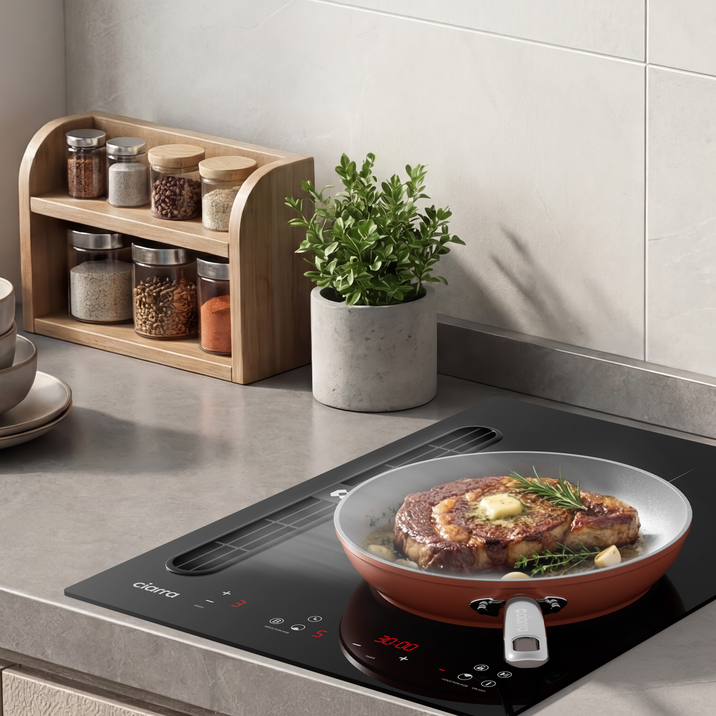 A steak is cooking in a pan on an induction hob. Spices are nearby.