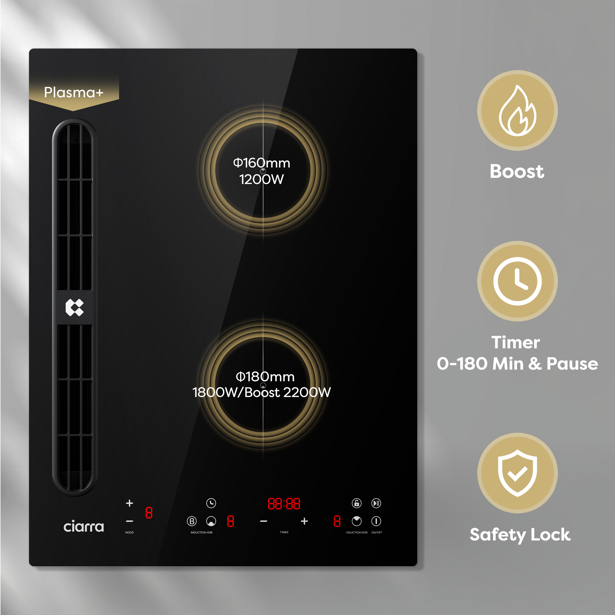 Black induction hob with two cooking zones, ventilation, and touch controls.