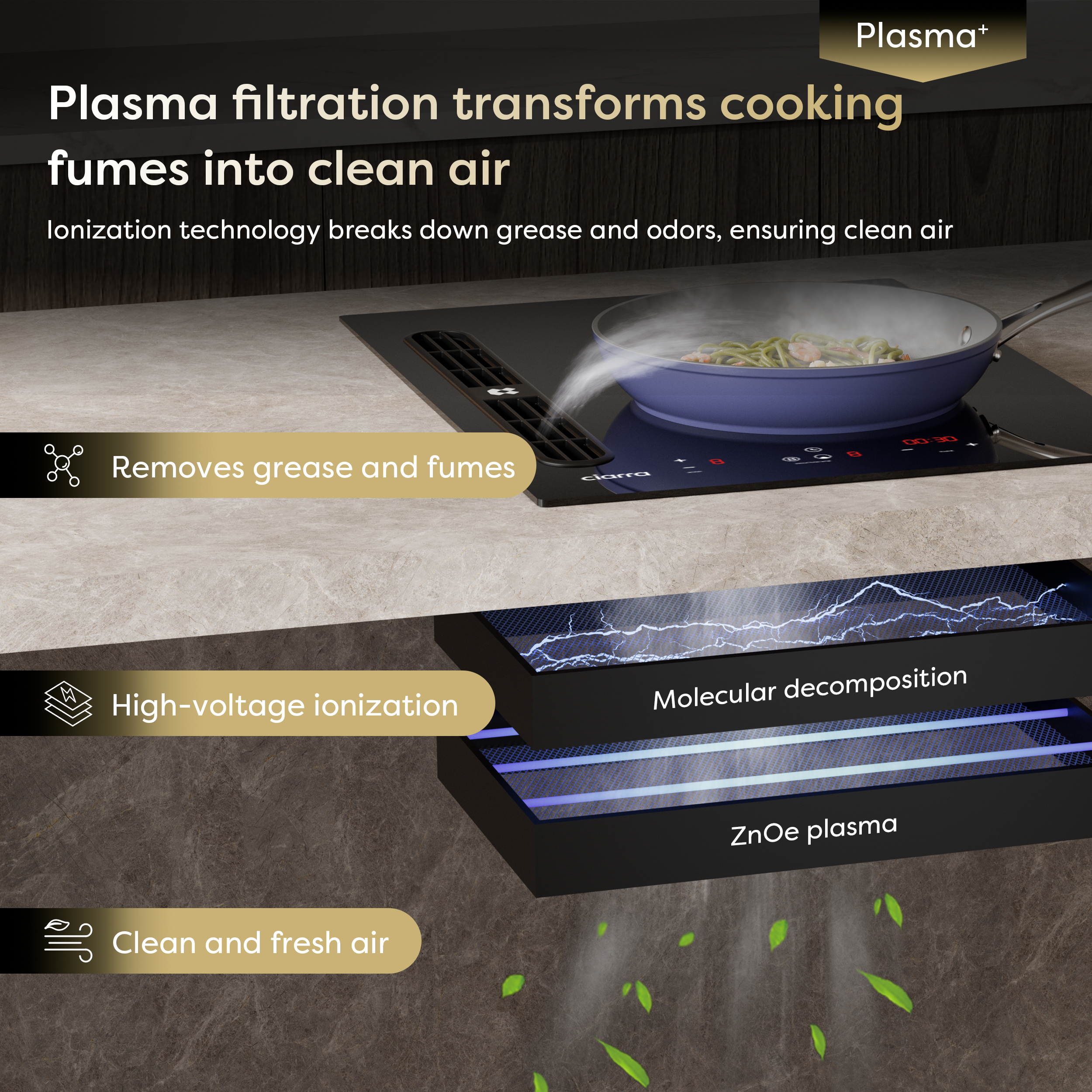 Plasma filtration transforms cooking fumes into clean air with ionization.