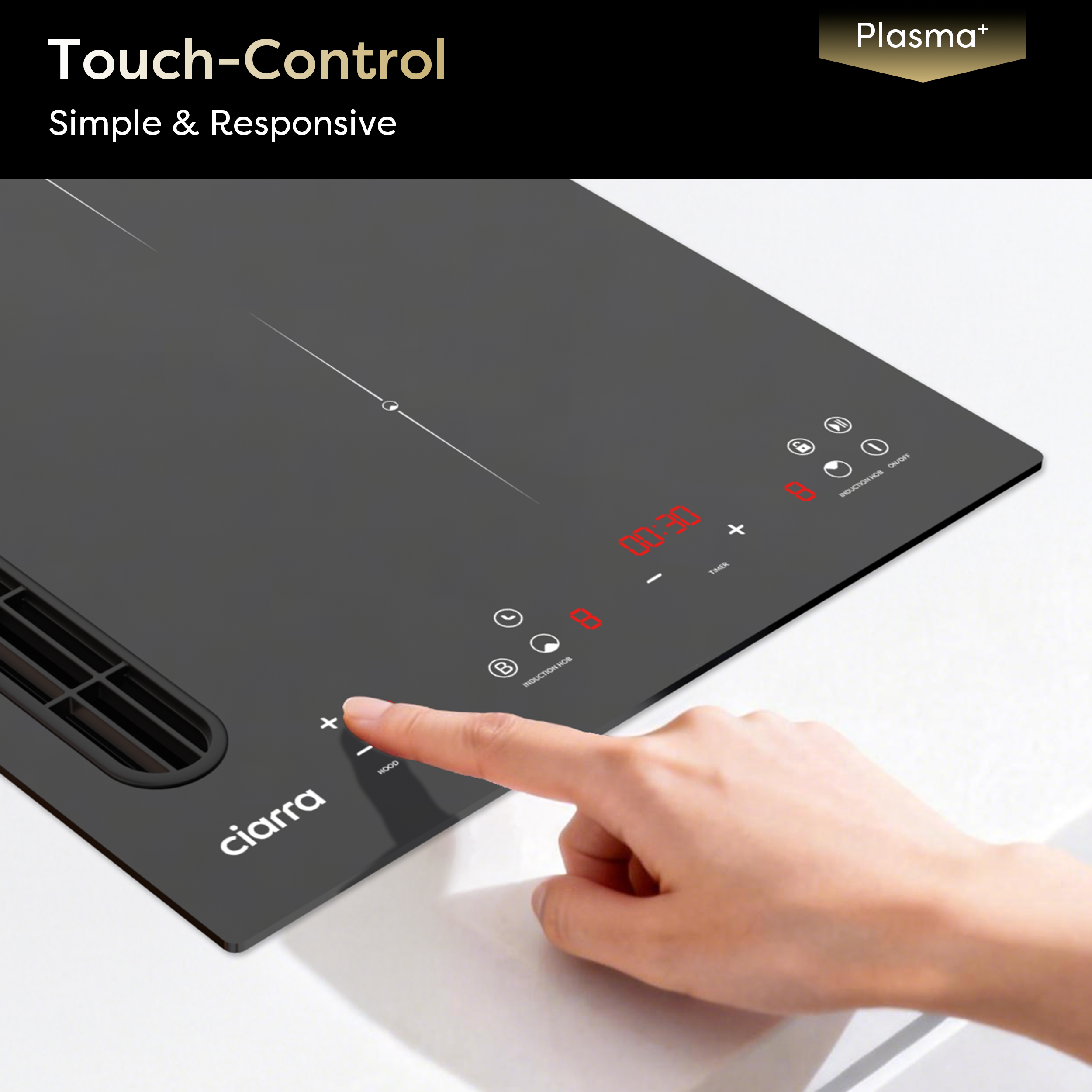A finger touches a black induction hob with a red timer display.