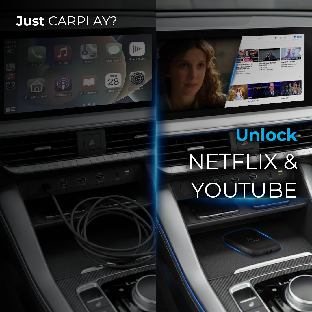 Autoinnenraum mit zwei Bildschirmen: links CarPlay, rechts Netflix/YouTube.
