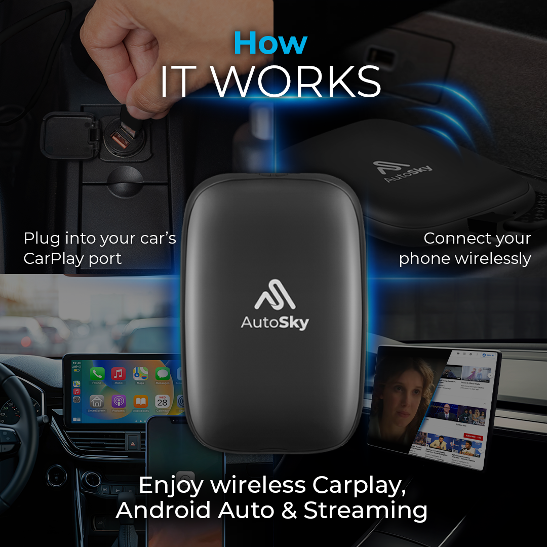 Ein Auto-Adapter wird in den CarPlay-Port gesteckt, um drahtlose Konnektivität zu ermöglichen.