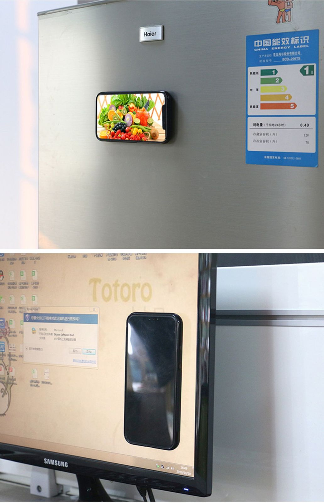 Ein Smartphone mit Obst, das an einem Kühlschrank haftet. Unten ein Handy auf einem Computermonitor.