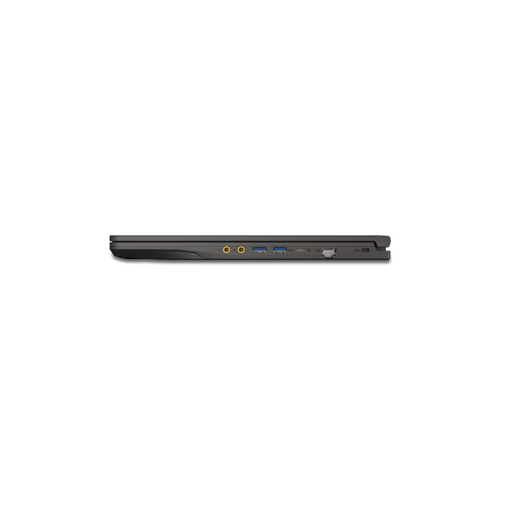Koyu renkli dizüstü bilgisayarın yan görünümü, bağlantı noktaları: 2 ses, 3 USB, 1 Ethernet, 1 SD kart okuyucu.