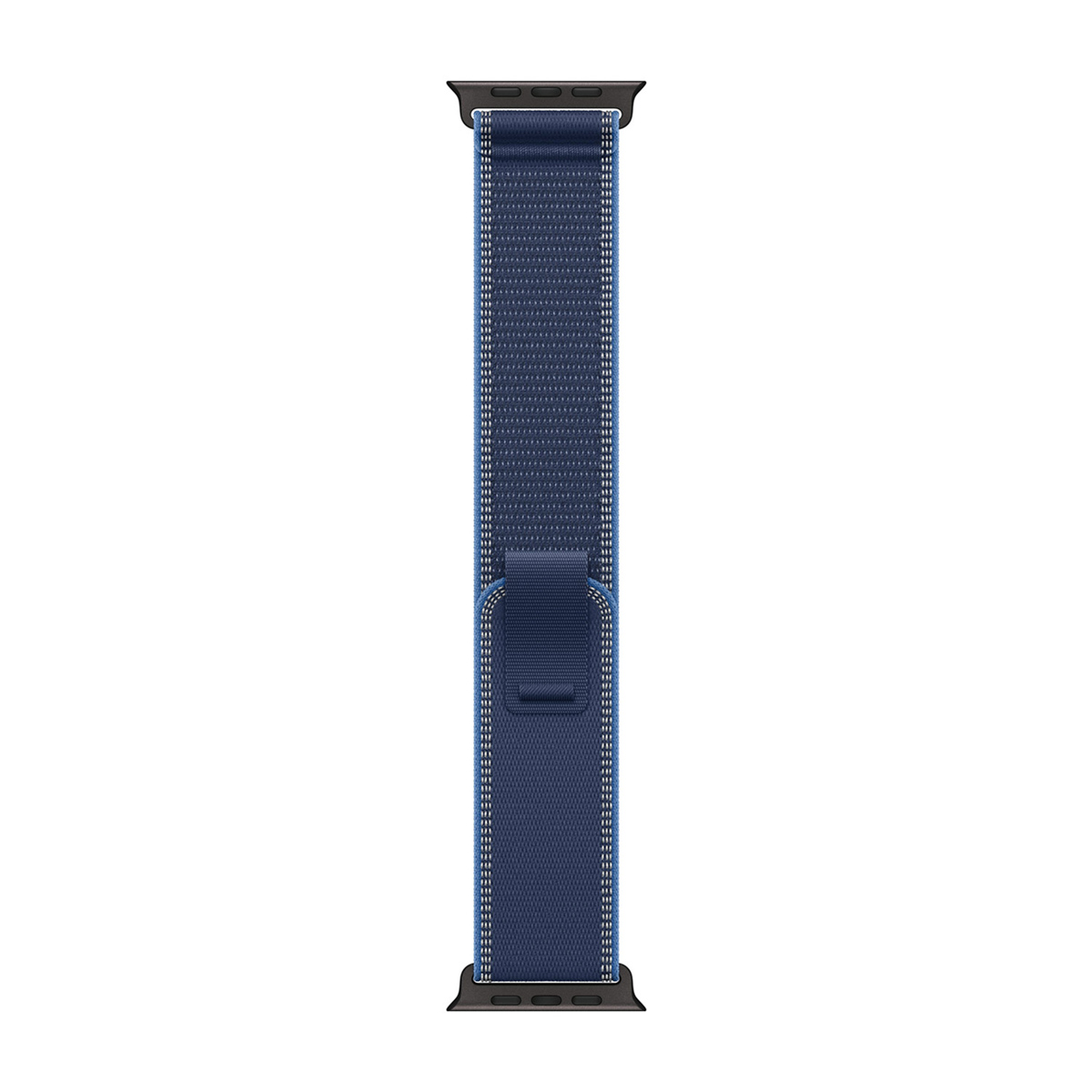 Bracciale in tessuto blu scuro con fili d'argento e connettore nero.