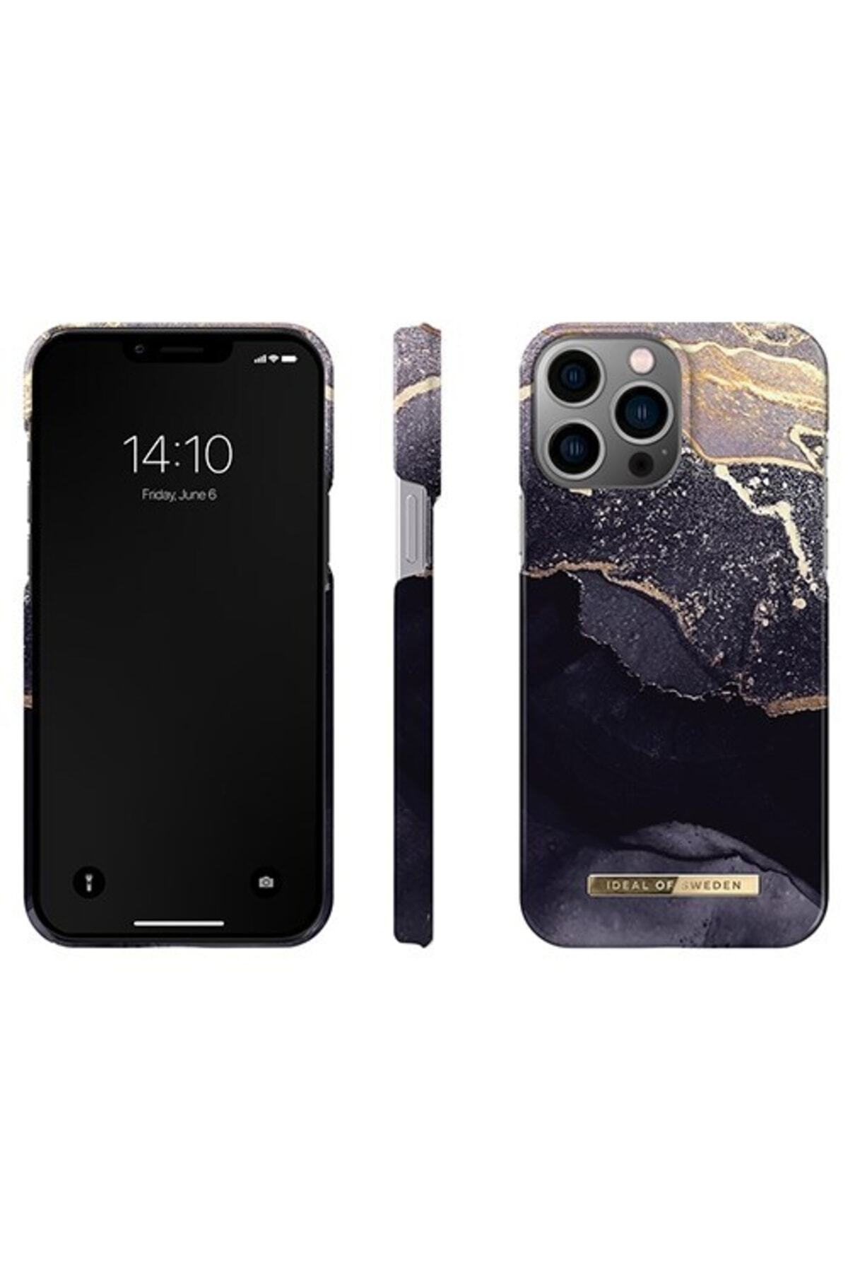 Siyah ve altın mermer desenli telefon kılıfının üç görünümü. Sol: telefon ekranı. Orta: yan görünüm. Sağ: arka görünüm.