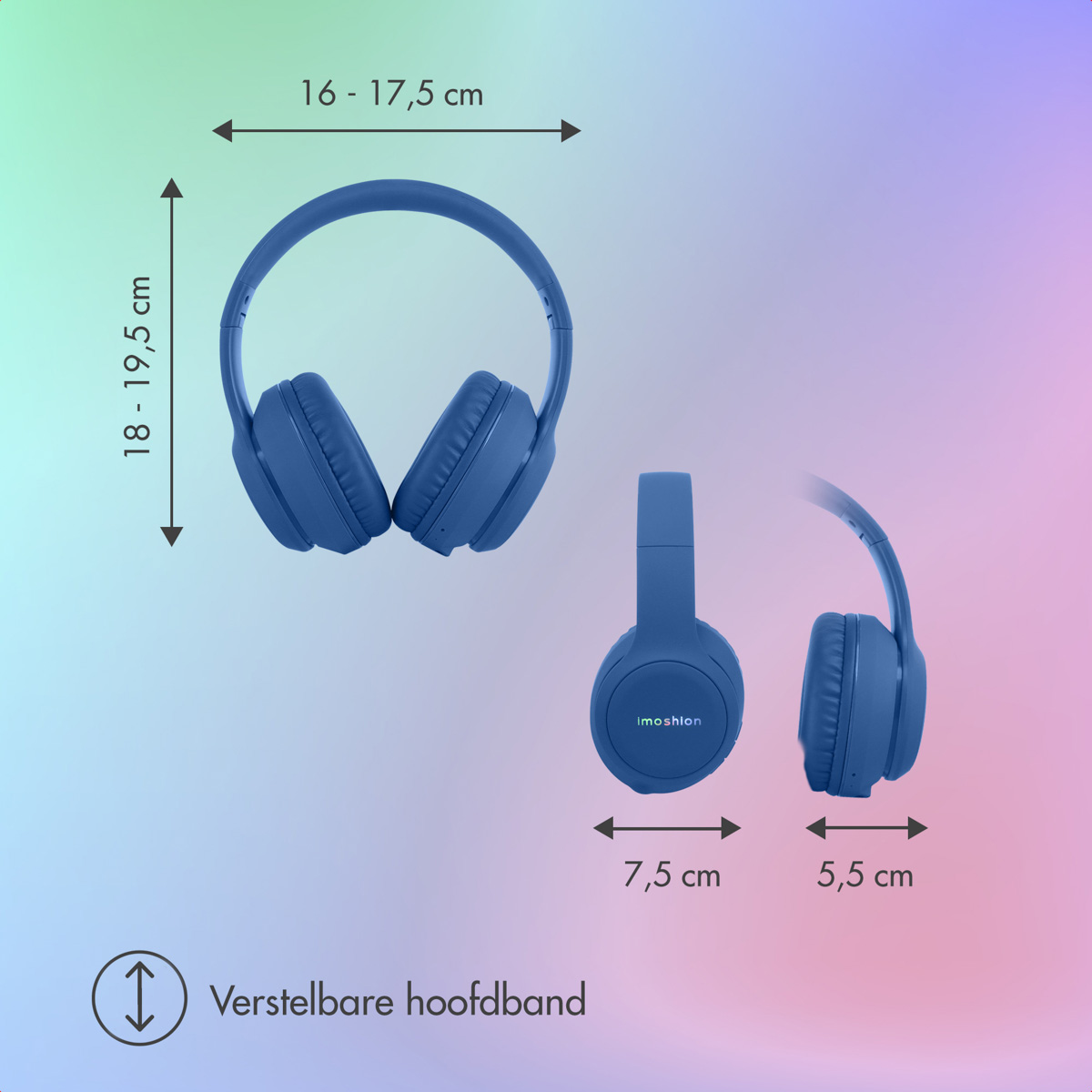 Blue headphones with dimensions: 18-19.5 cm height, 16-17.5 cm width.