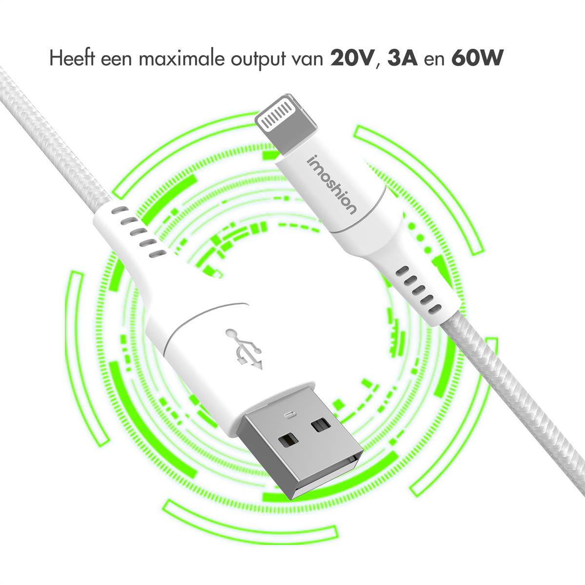 Câble USB blanc avec connecteur Lightning, cercles verts en arrière-plan.