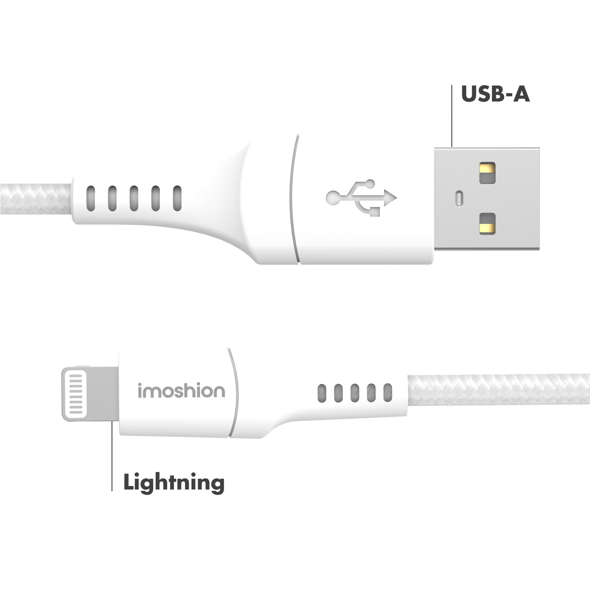 Câble blanc USB-A vers Lightning avec texture tressée et connecteurs.