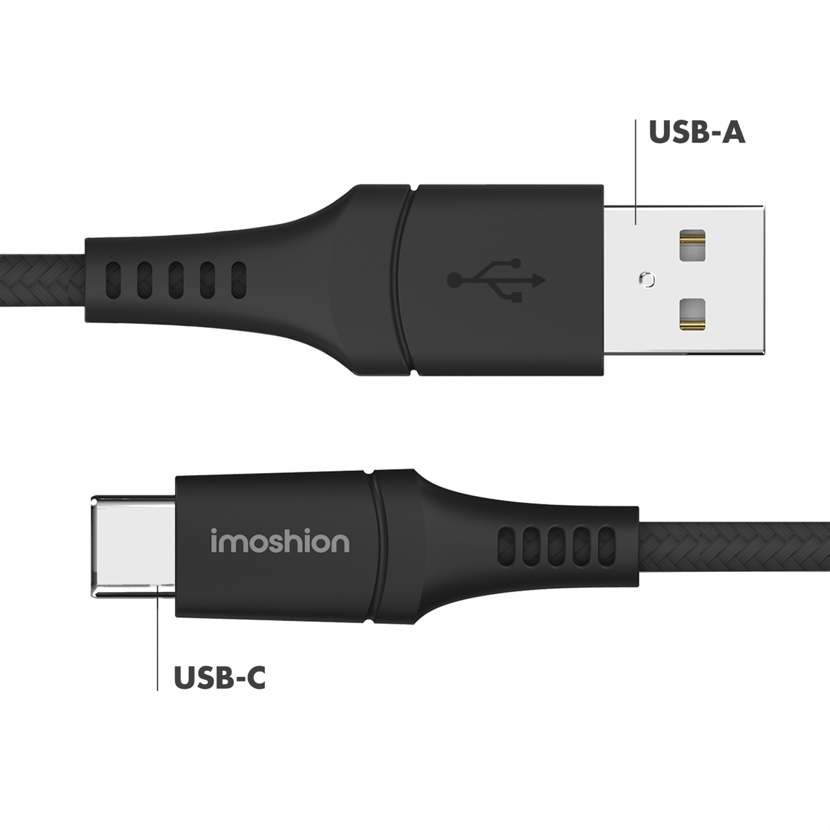 Un câble USB tressé noir avec un connecteur USB-A en haut et un connecteur USB-C avec le logo "imosion" en bas.