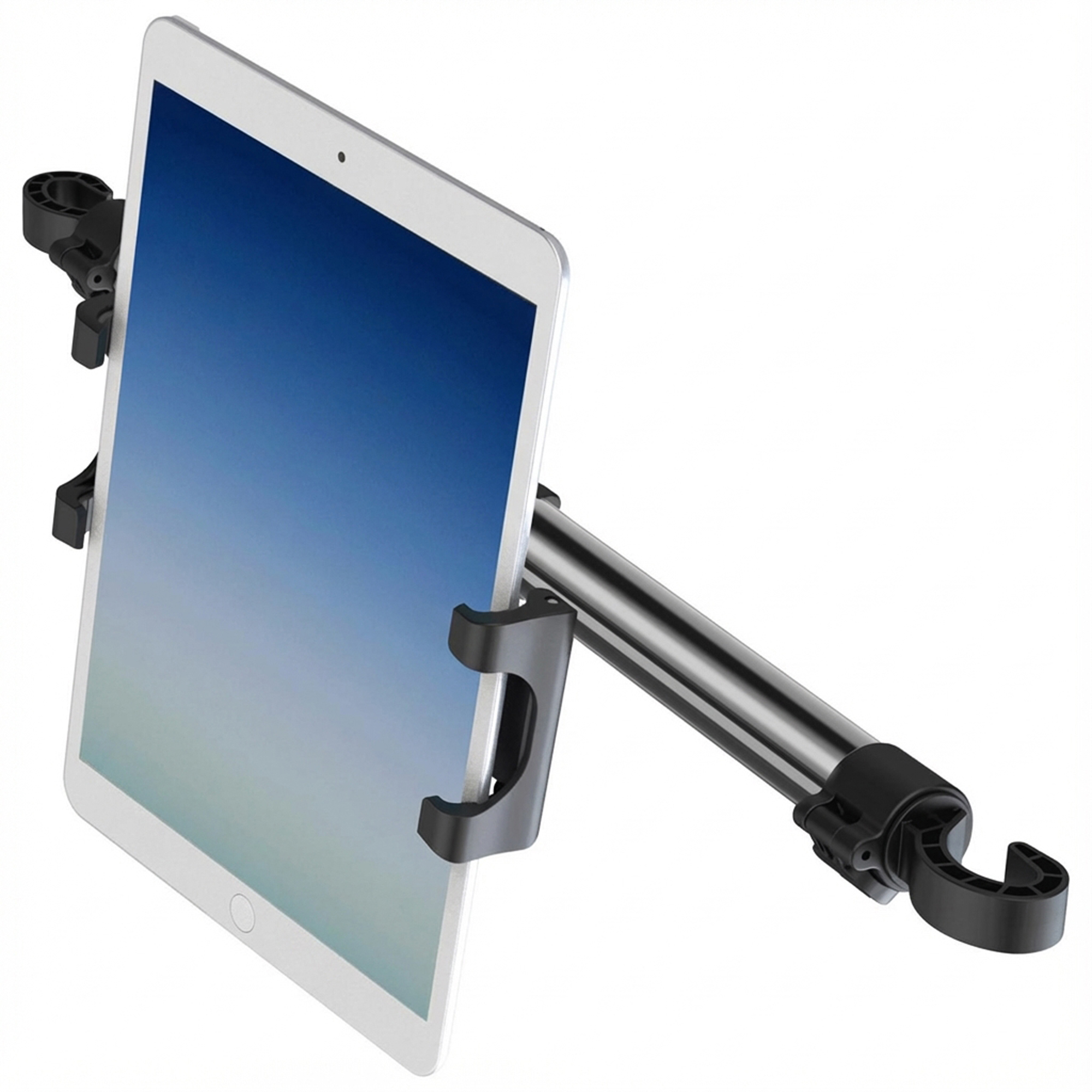 Een witte tablet met een blauw scherm wordt vastgehouden door een zwarte houder aan een metalen arm, tegen een witte achtergrond.