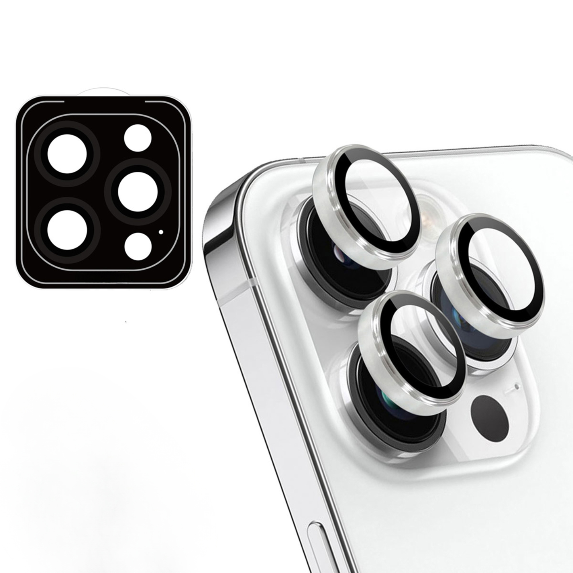 Een witte telefoon met een zwarte camerabeschermer links en drie zilveren cameralensbeschermers rechts.
