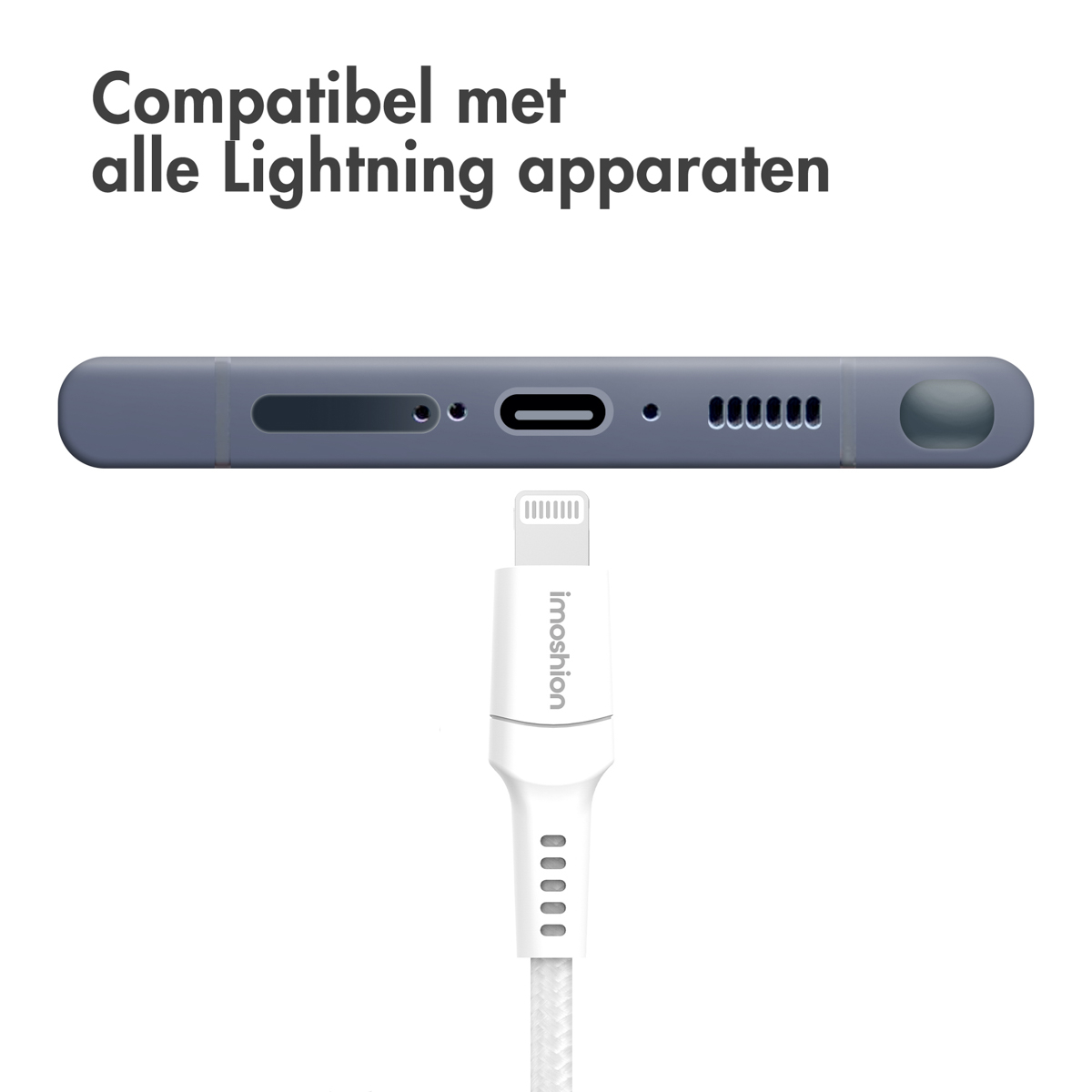 Un câble Lightning blanc avec le logo "Imoshion" est montré sous un smartphone bleu avec un port USB-C.
