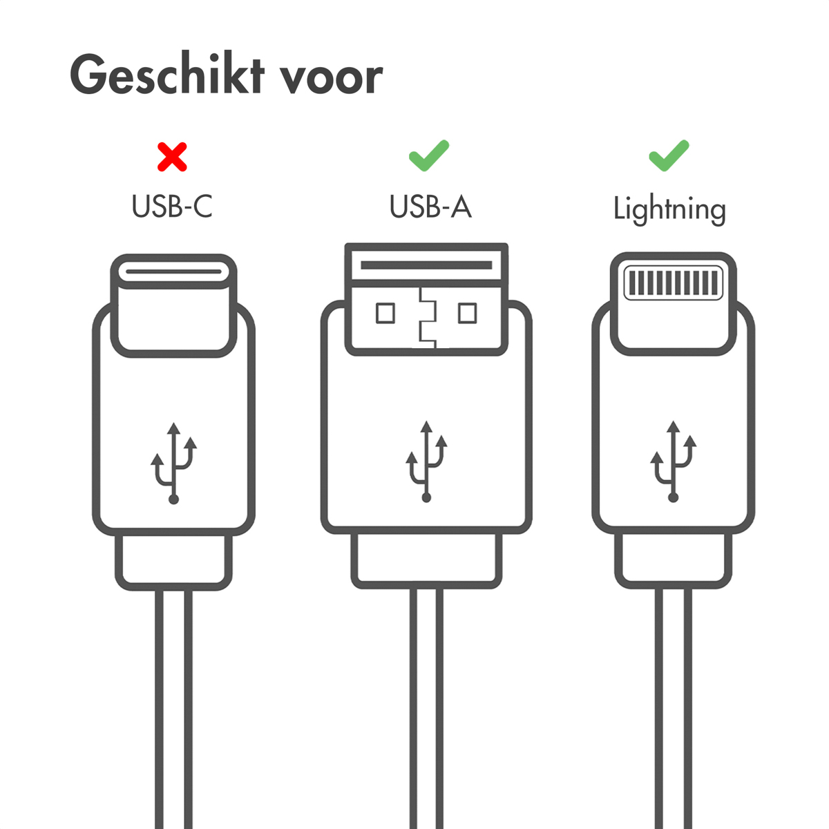 Trois câbles USB schématisés : USB-C avec un X rouge, USB-A et Lightning avec des coches vertes, indiquant la compatibilité.