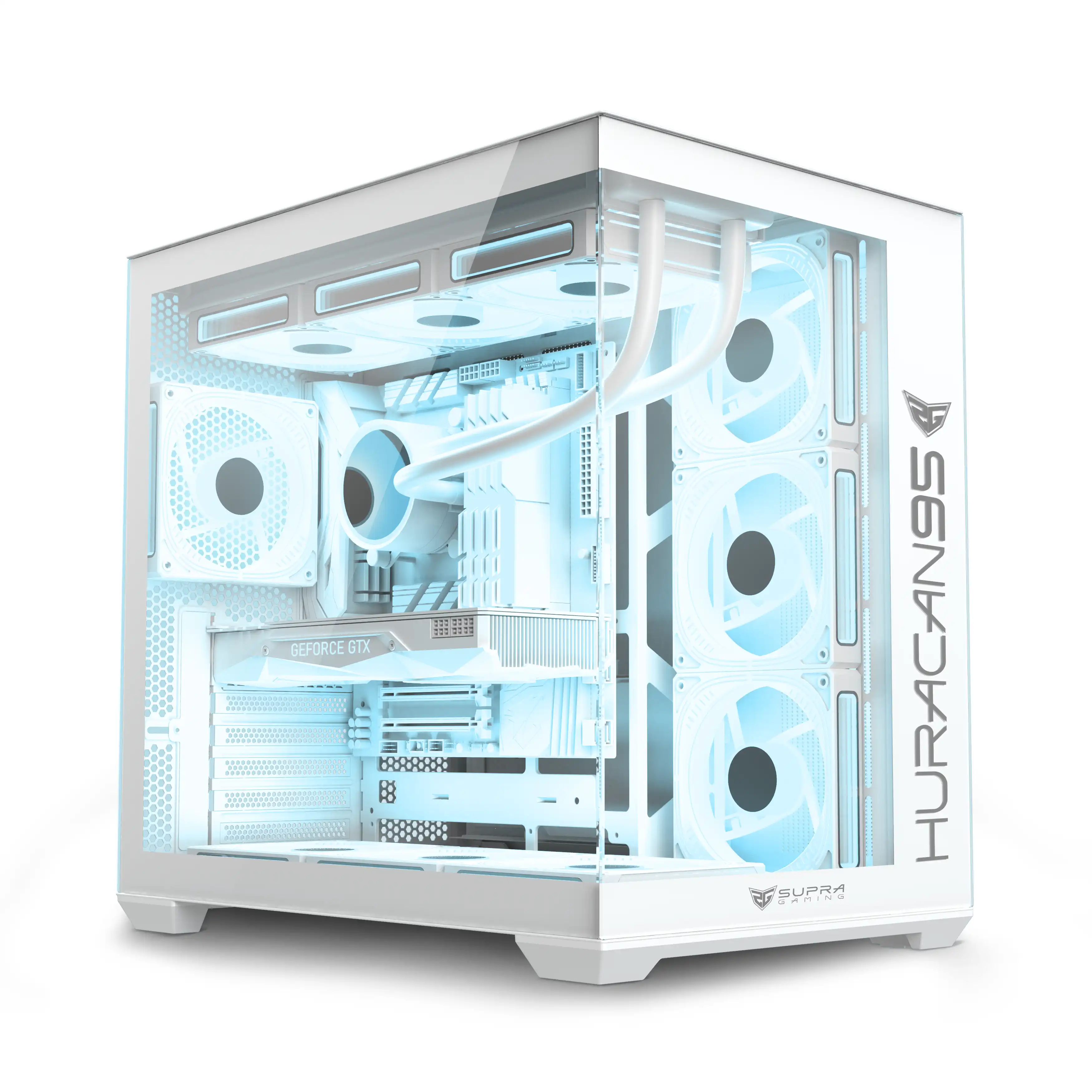 Una caja de ordenador blanca con paneles transparentes, mostrando componentes internos iluminados con ventiladores y tubos LED azules.