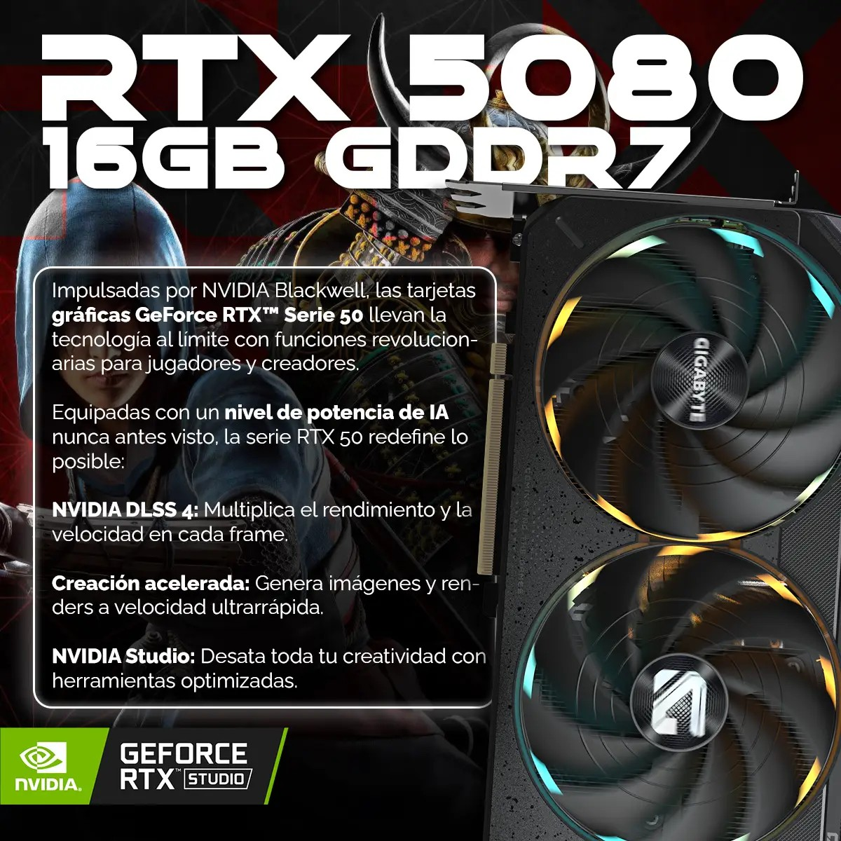 Tarjeta gráfica RTX 5080 con 16GB GDDR7, impulsada por NVIDIA Blackwell.