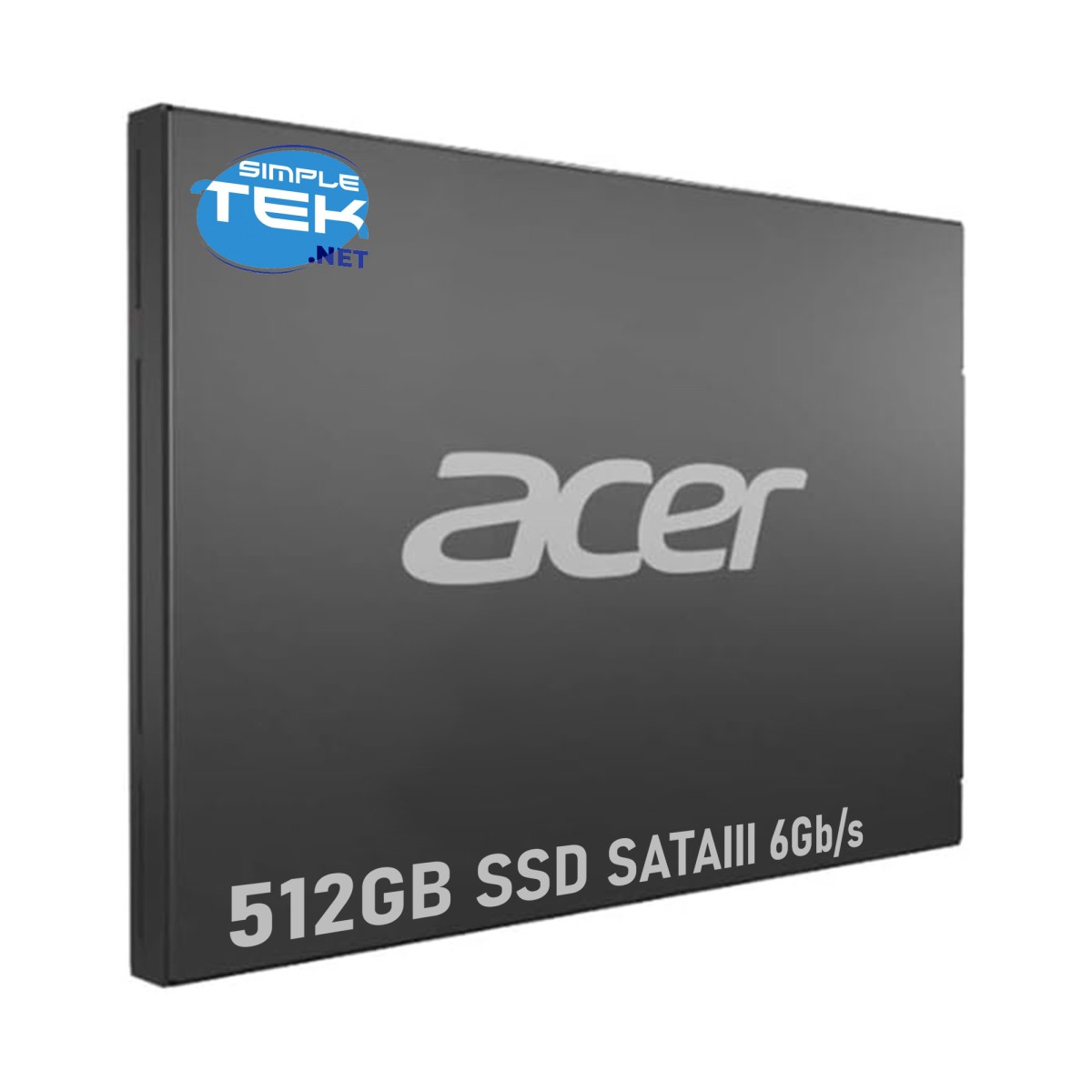 Una unidad SSD Acer 512GB SATAIII 6Gb/s negra con un logo azul y blanco de Simple Tek .NET en la parte superior izquierda.