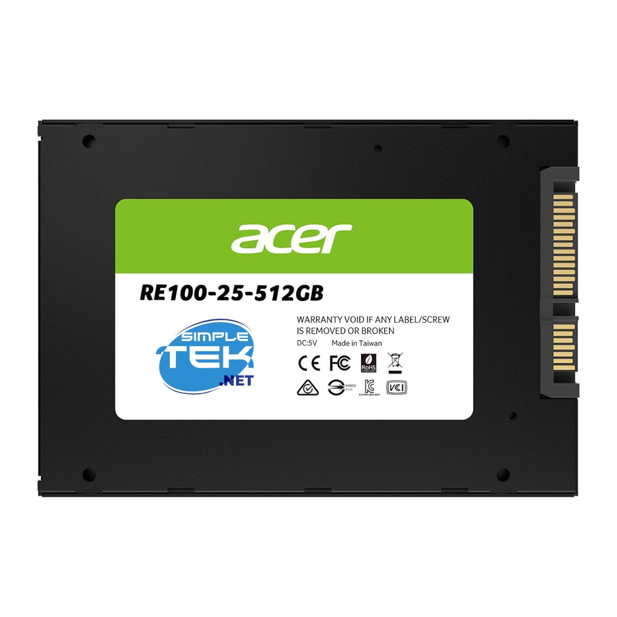 Un SSD Acer RE100-25-512GB negro con una etiqueta verde y blanca, con el logo de Acer y la marca Simple Tek.