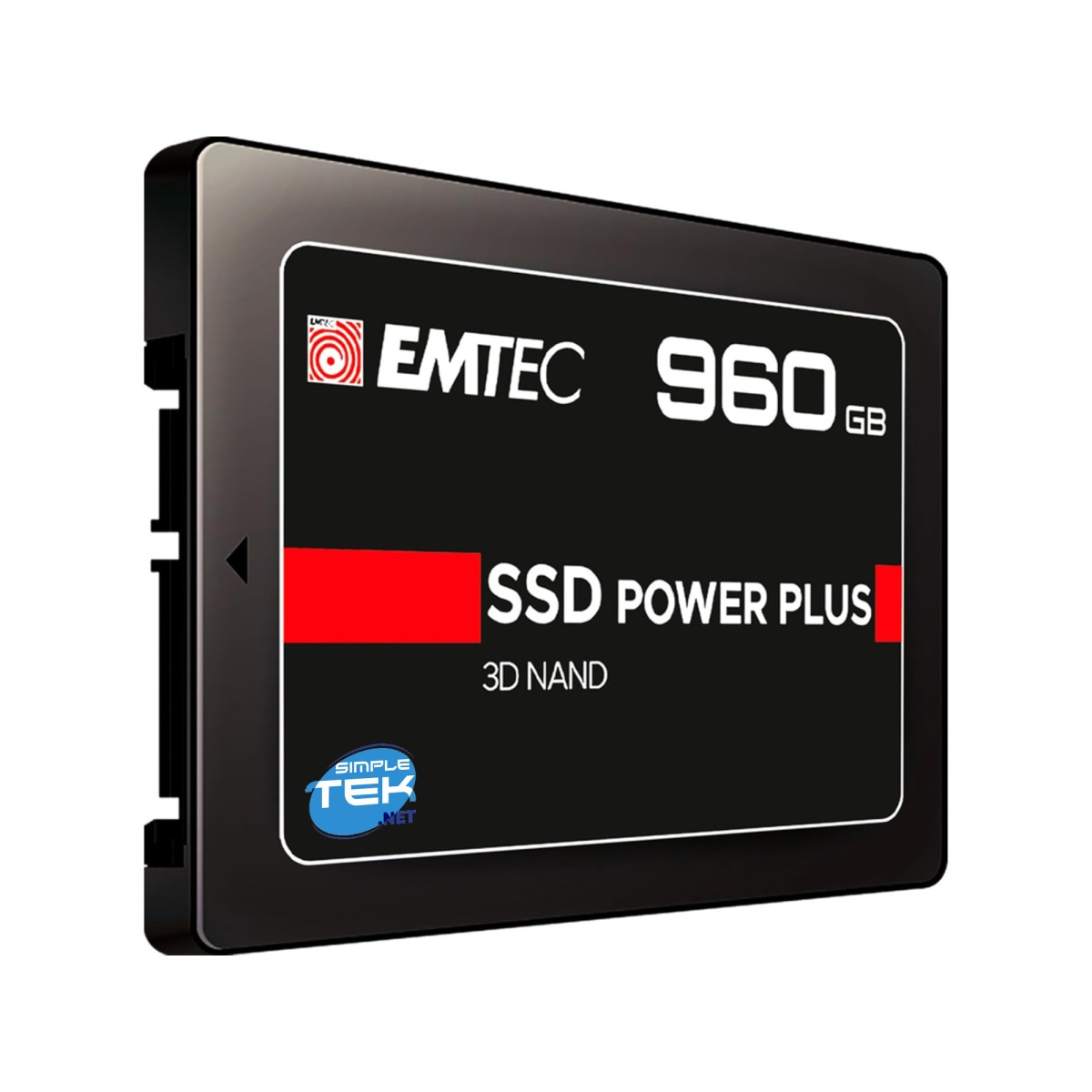 Czarny dysk SSD EMTEC 960 GB SSD Power Plus 3D NAND jest wyświetlany na białym tle.