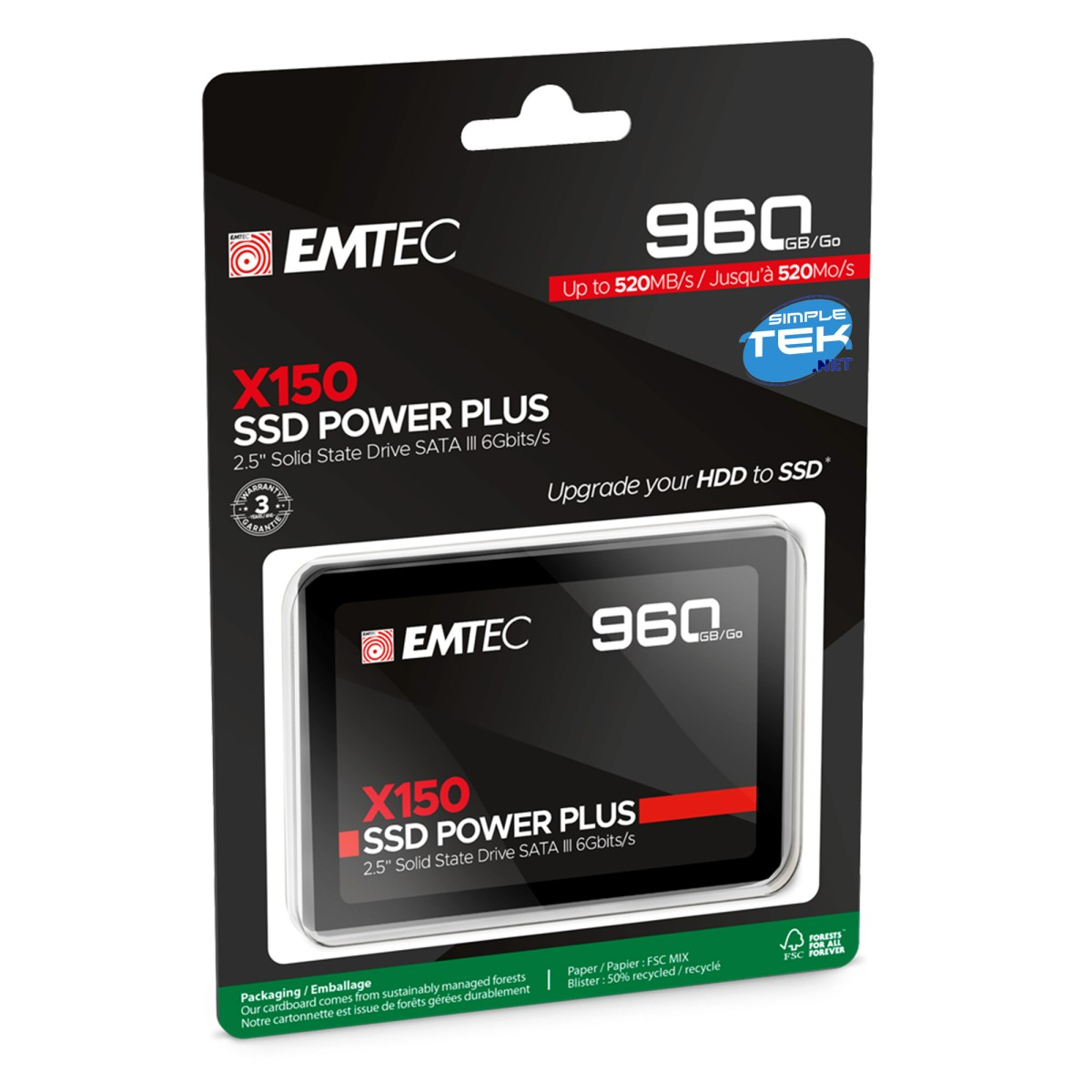 Czarne i czerwone opakowanie dysku SSD EMTEC X150 SSD Power Plus 960 GB ze szczegółami produktu.