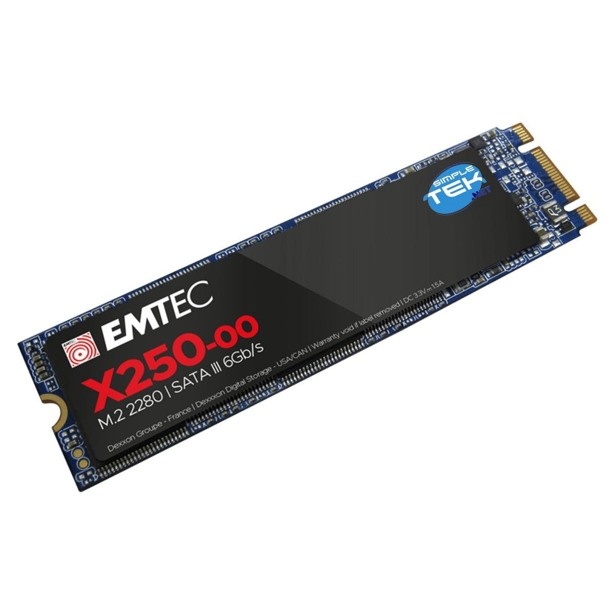 Un SSD EMTEC X250-00 M.2 2280 SATA III 6Gb/s bleu et noir, incliné sur un fond blanc.