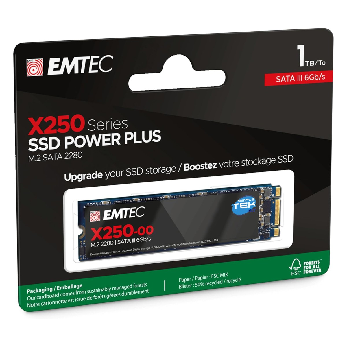 Un emballage noir et vert EMTEC X250 Series SSD POWER PLUS M.2 SATA 2280 avec une carte SSD visible.