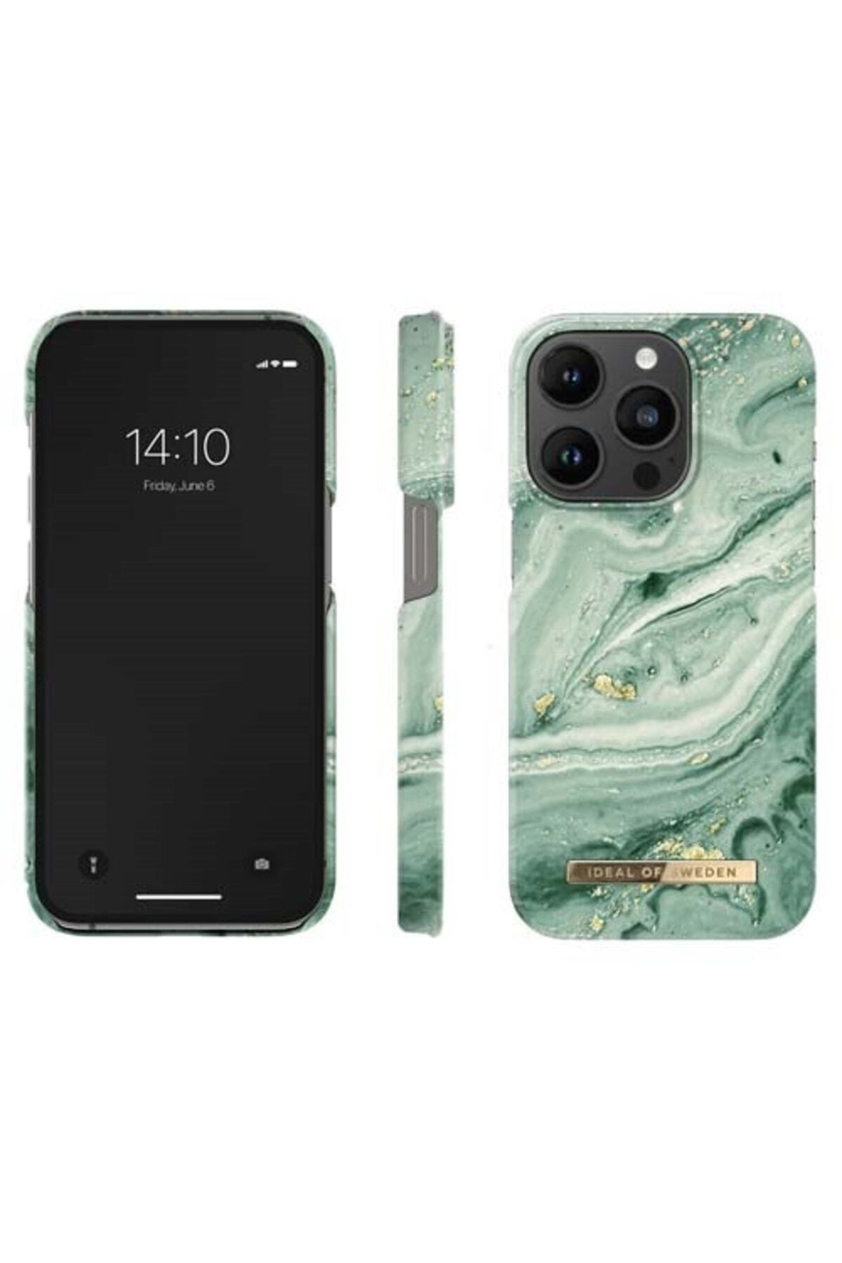 Yeşil mermer desenli ve altın detaylı bir akıllı telefon ön, yan ve arka görünümleriyle gösterilmiştir.