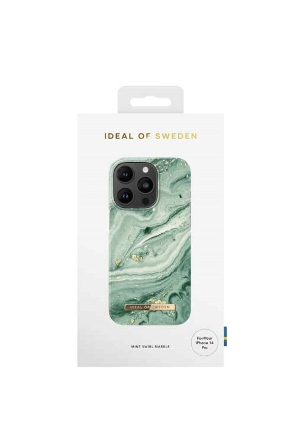 Beyaz bir kutuda, altın detaylı, yeşil mermer desenli bir telefon kılıfı, üzerinde "IDEAL OF SWEDEN" ve "MINT SWIRL MARBLE" yazıyor.