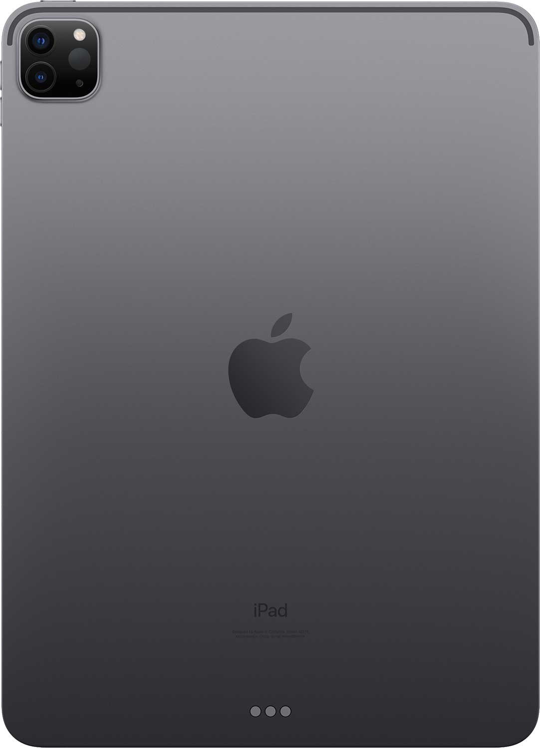 iPad Pro w kolorze gwiezdnej szarości, widok z tyłu, z podwójnym systemem aparatów i logo Apple.