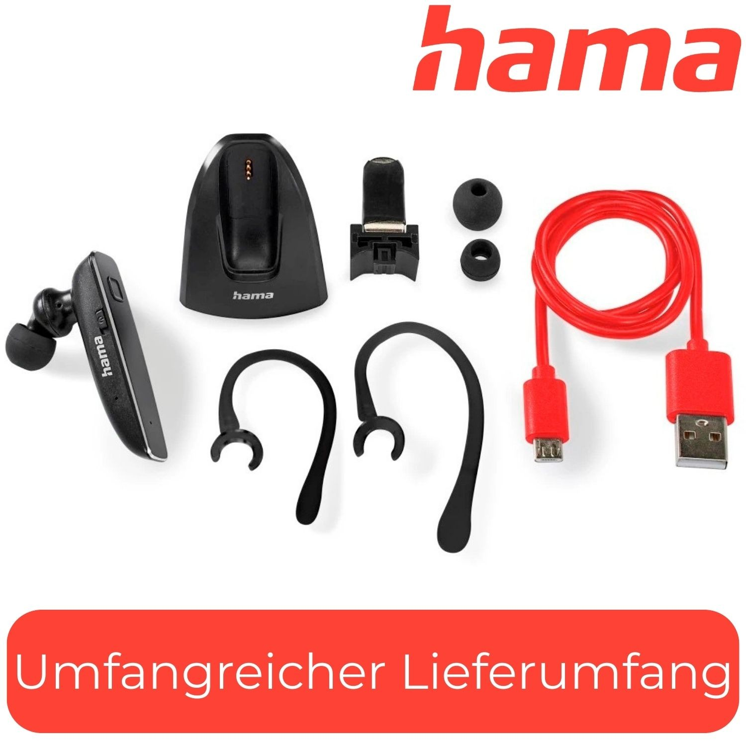 Zestaw słuchawkowy Bluetooth Hama, stacja ładująca, zaczepy na uszy, wkładki douszne i czerwony kabel USB do ładowania na białym tle.