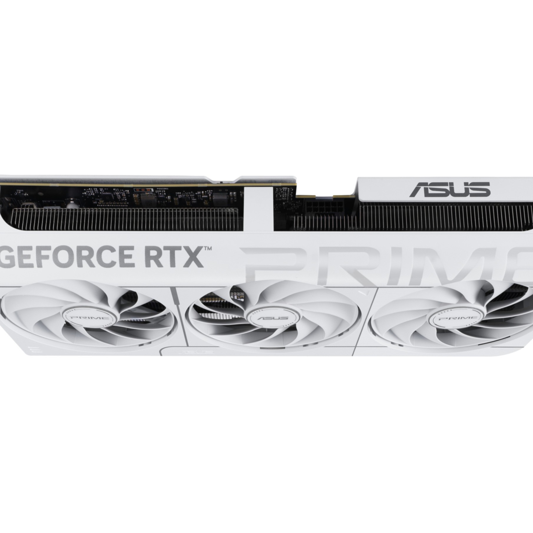 Biała karta graficzna ASUS NVIDIA GeForce RTX z trzema wentylatorami, widziana z góry na białym tle.