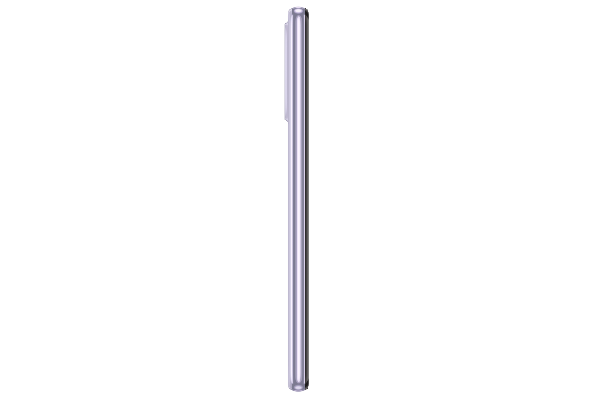 Een lavendelkleurige smartphone wordt vanaf de rechterkant getoond, waarbij het slanke profiel en de gladde randen tegen een witte achtergrond worden benadrukt.