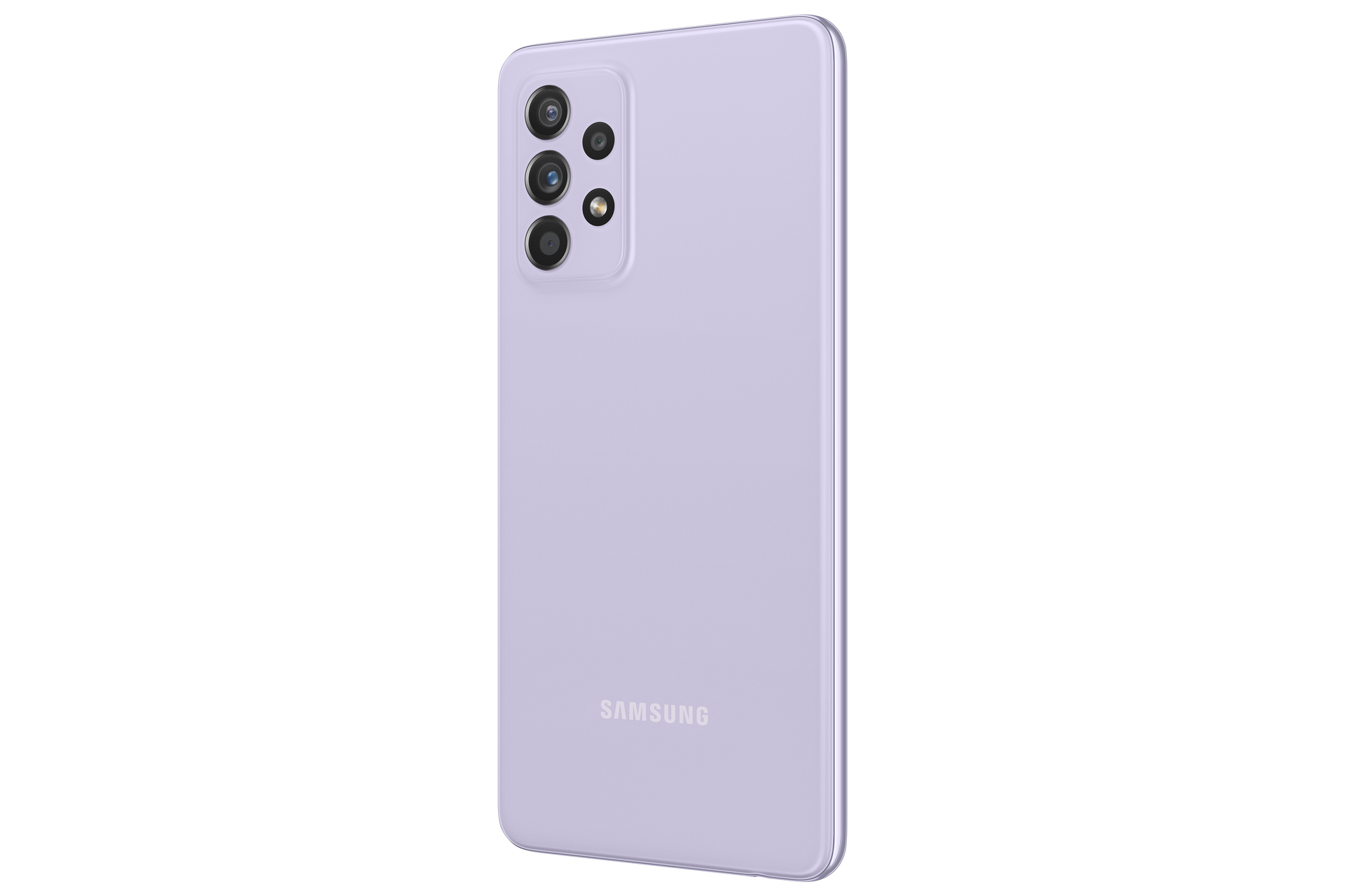 Achterkant van een lavendelkleurige smartphone met vier camera's en Samsung-logo.